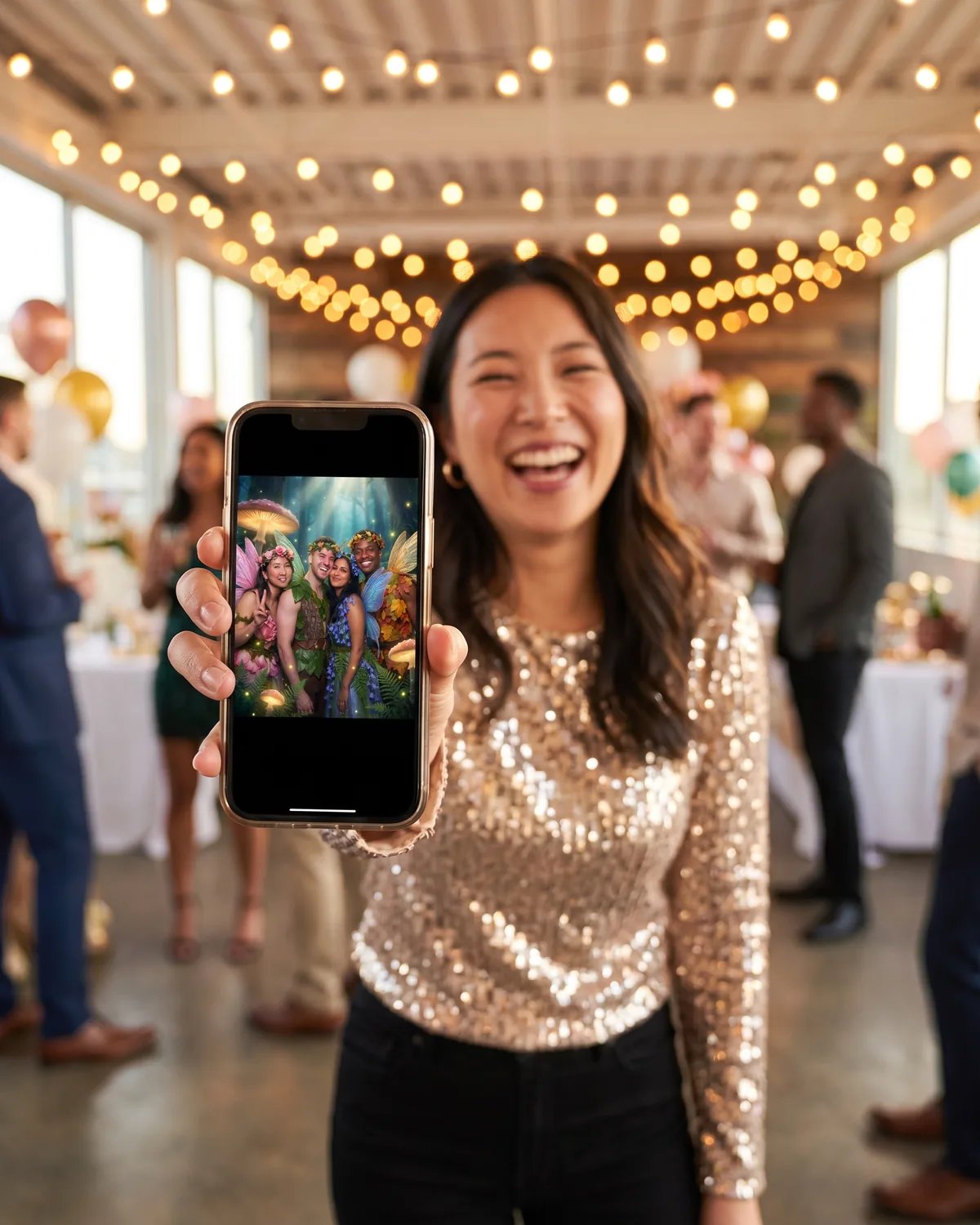 A guest at a birthday party showing the fairy photo of her friends on her phone