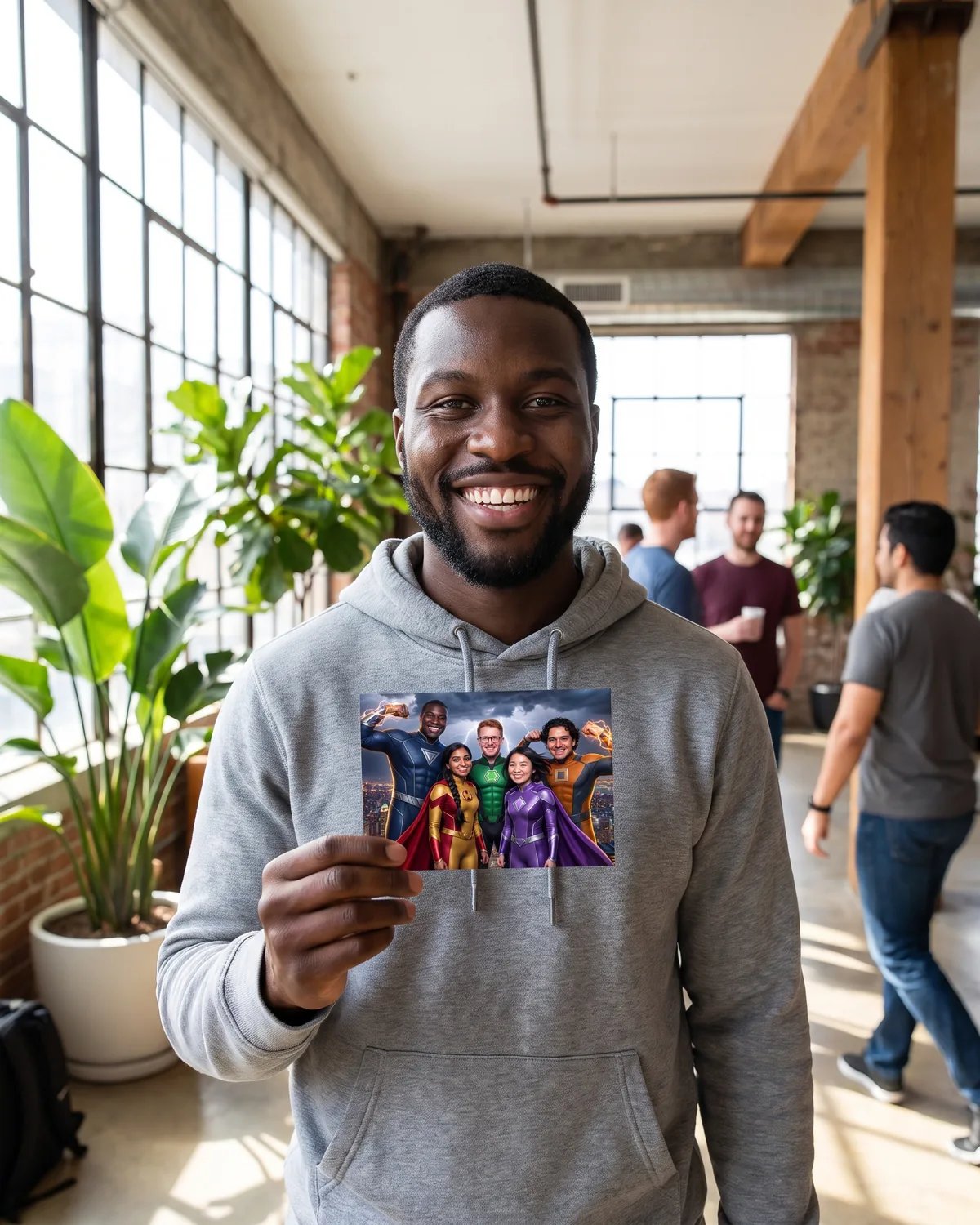 A coworker holding up a 4x6 print of the superhero team photo in an open loft