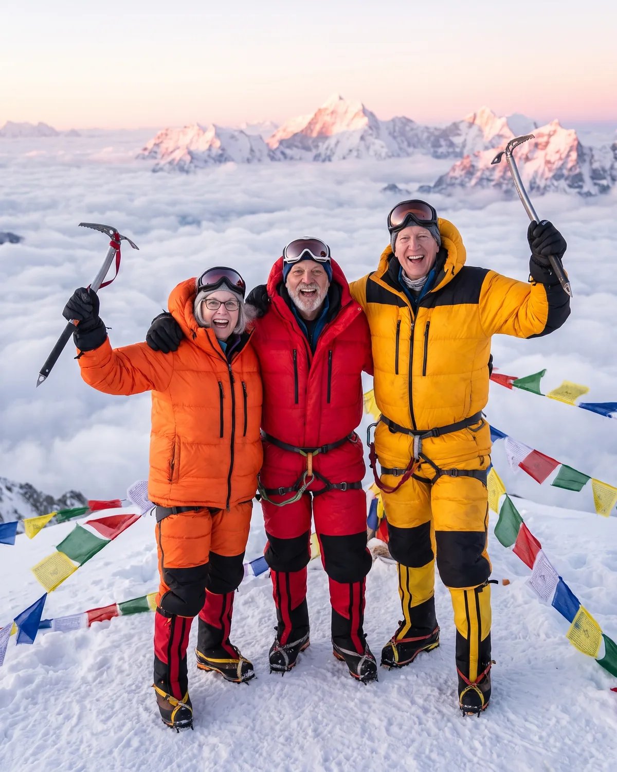 The same three coworkers in down suits celebrating on a Himalayan summit at sunrise