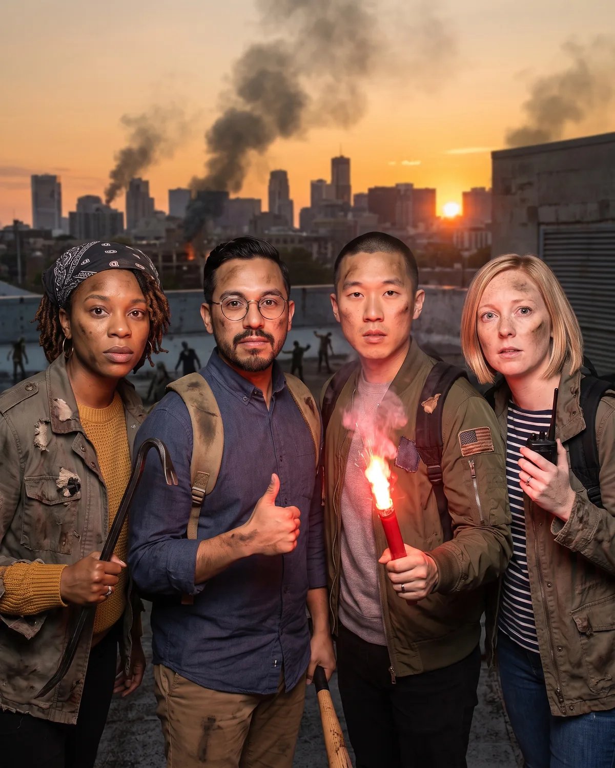 The same four friends as survivors on a rooftop above an abandoned city, one holding a flare