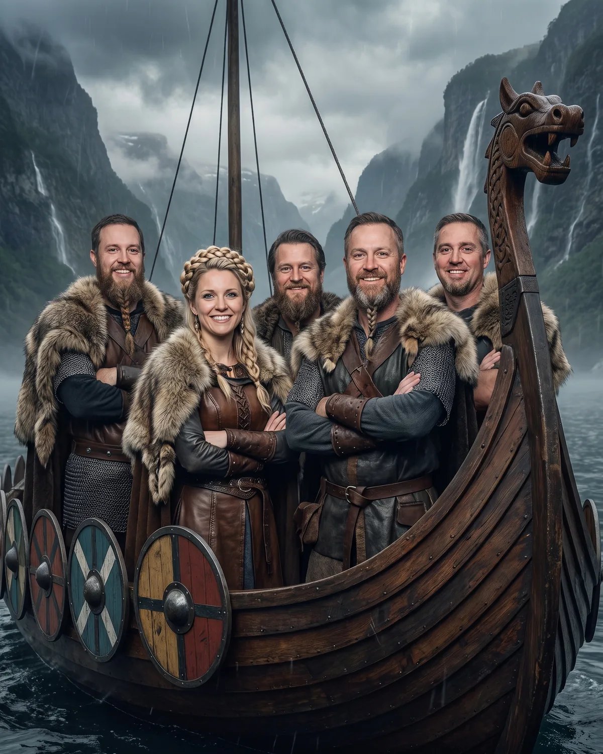 The same five coworkers as Vikings in fur cloaks at the bow of a longship in a fjord