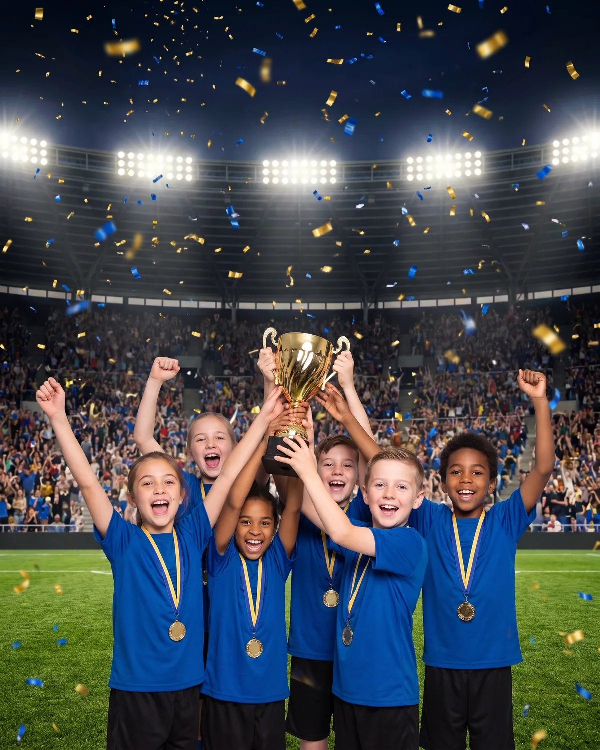 The same six kids lifting a gold trophy in a packed stadium as confetti falls