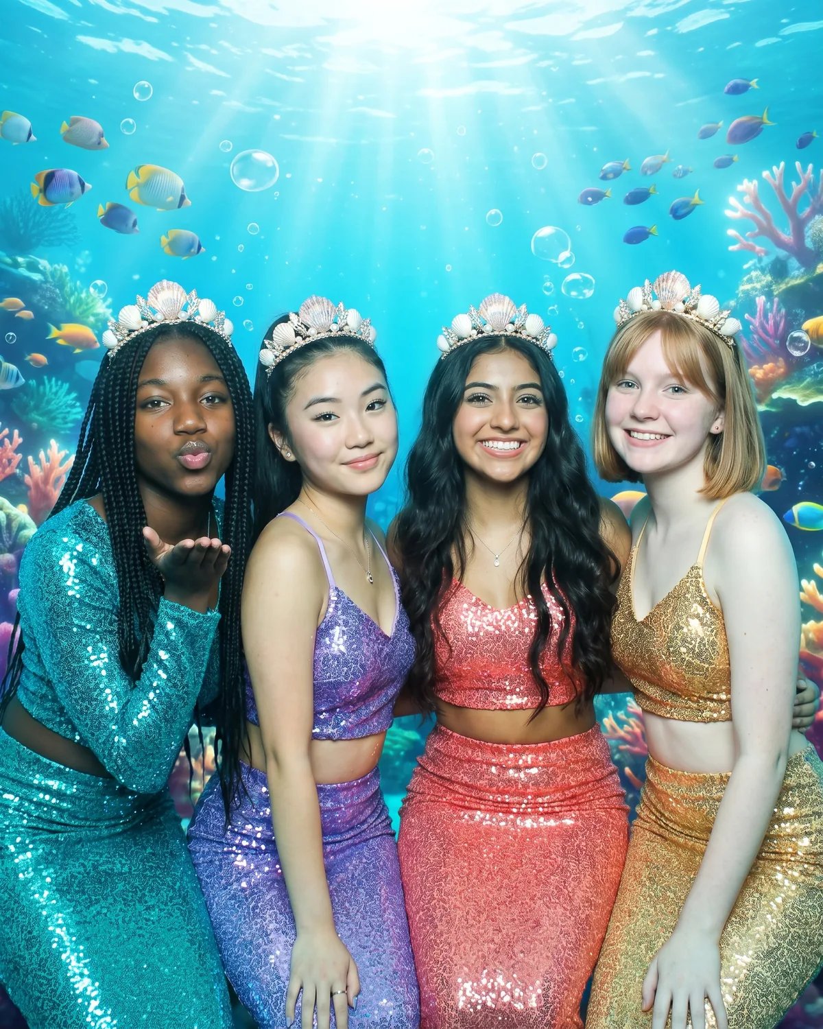 The same four friends as mermaids in sequined tails and pearl crowns on a coral reef