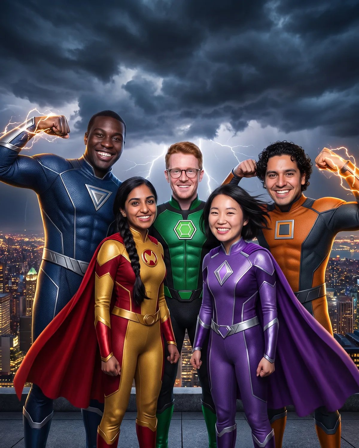 The same five coworkers as a superhero team on a skyscraper rooftop in a lightning storm