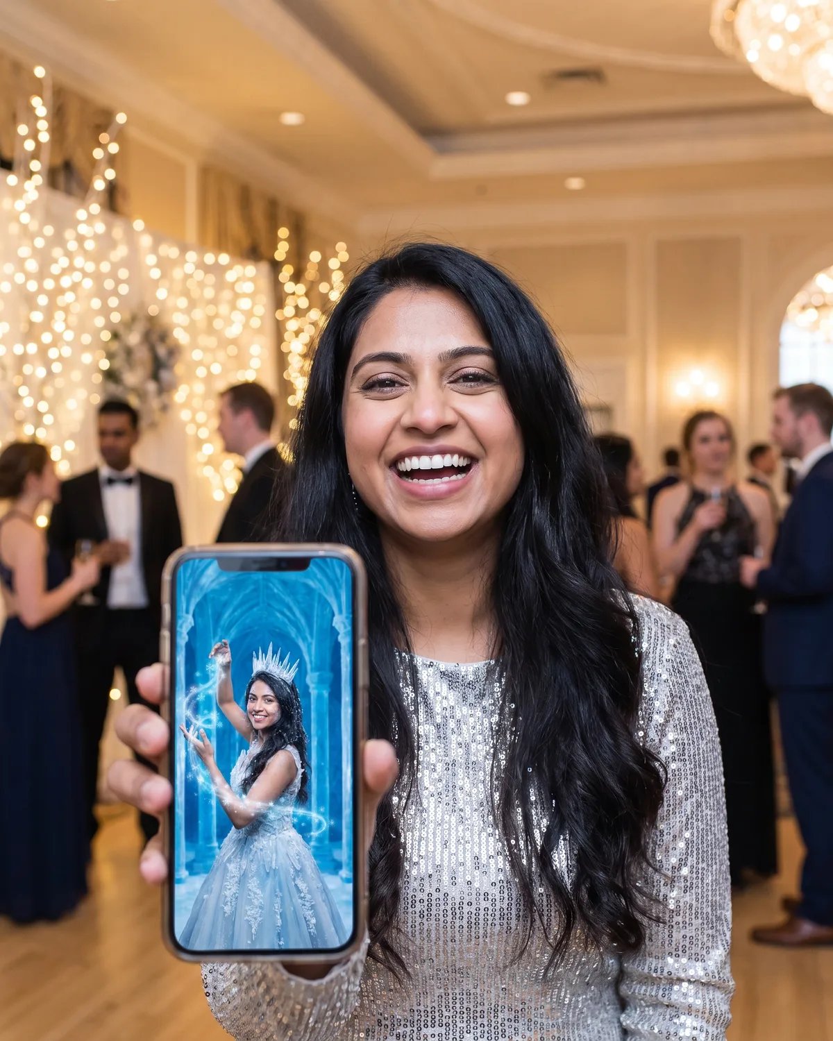 A guest at a winter gala laughing and showing her ice queen clip on her phone