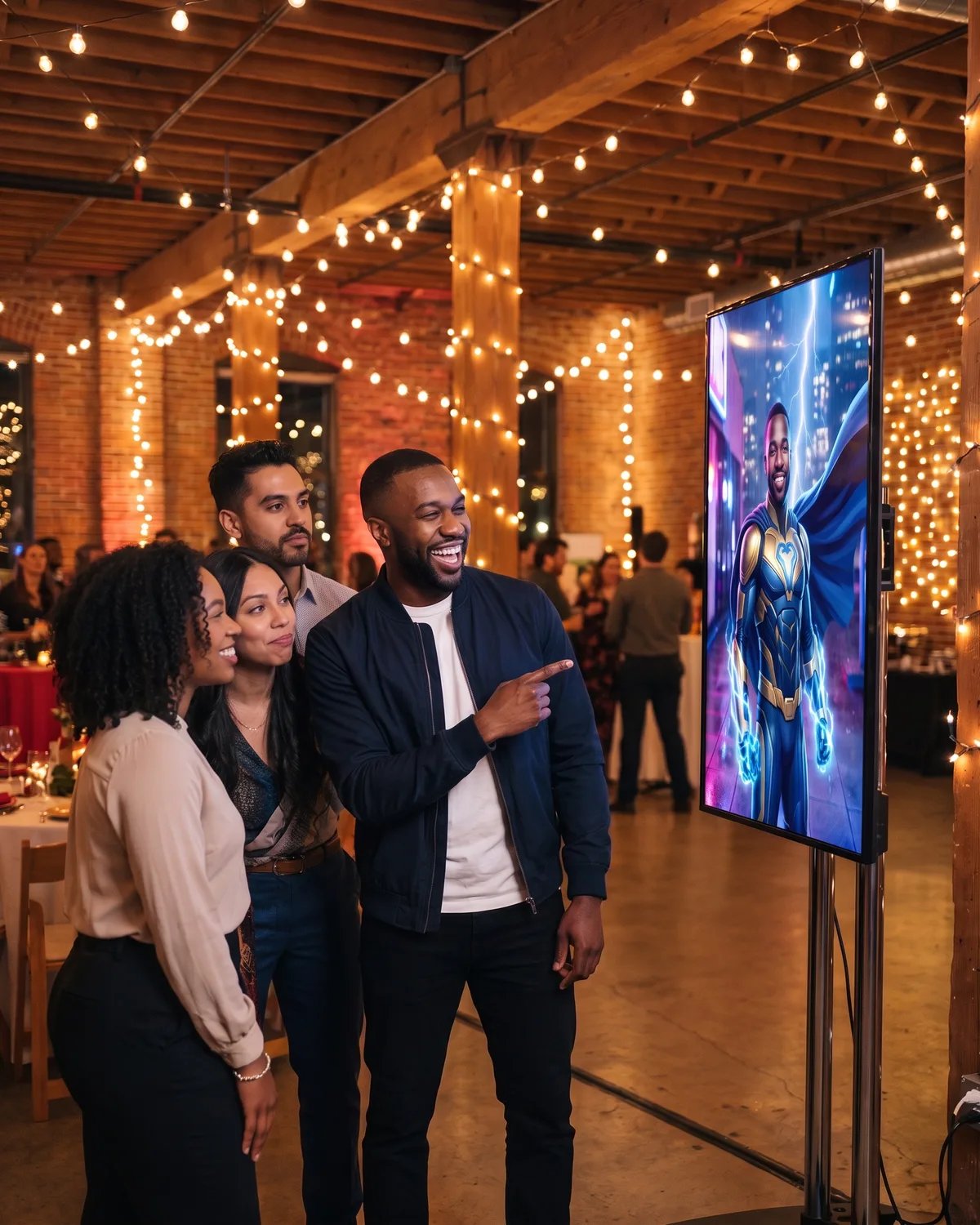 Coworkers at a holiday party watching his superhero clip on the booth's screen as he points and laughs