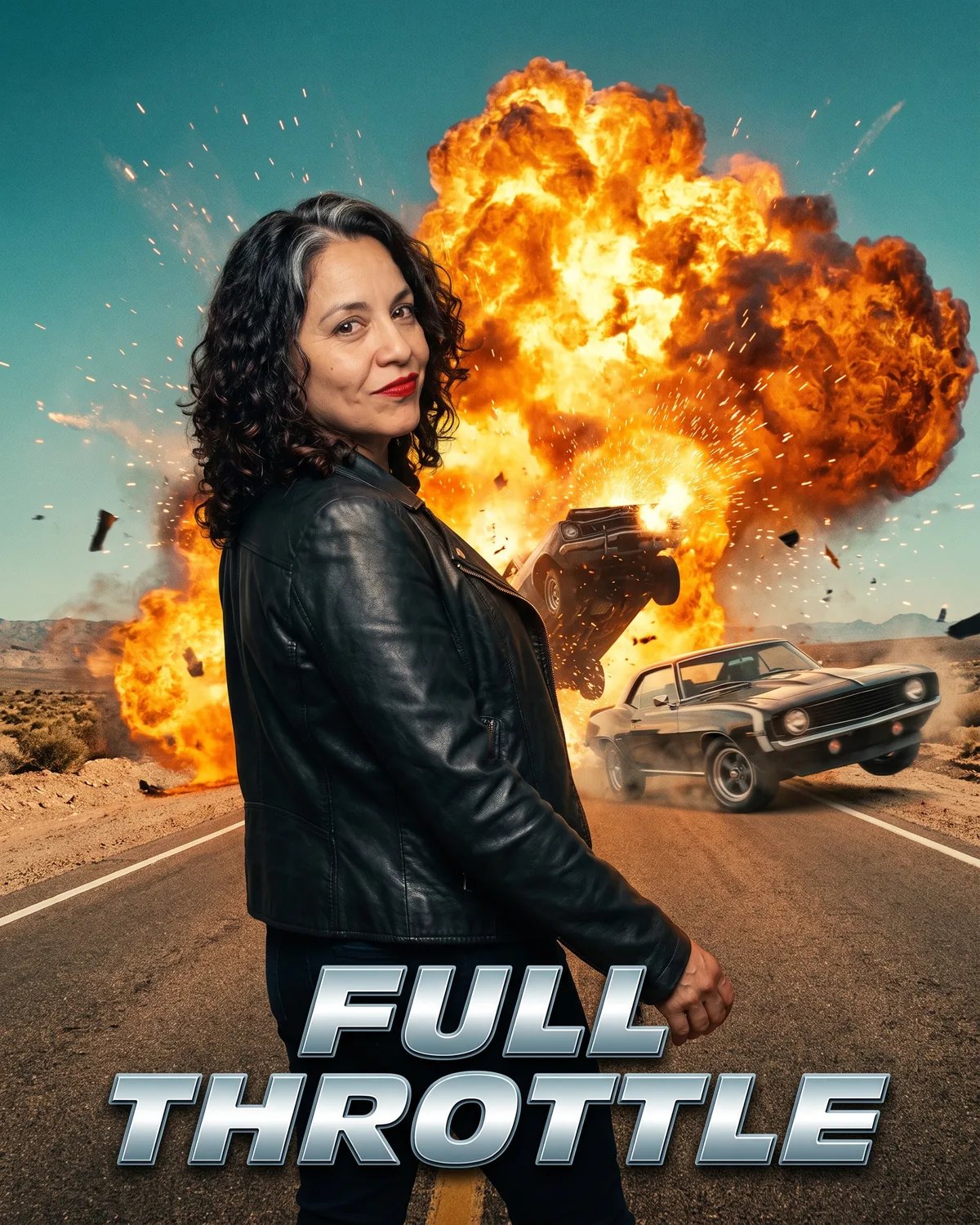 The same guest on an action movie poster, striding away from a fireball on a desert highway