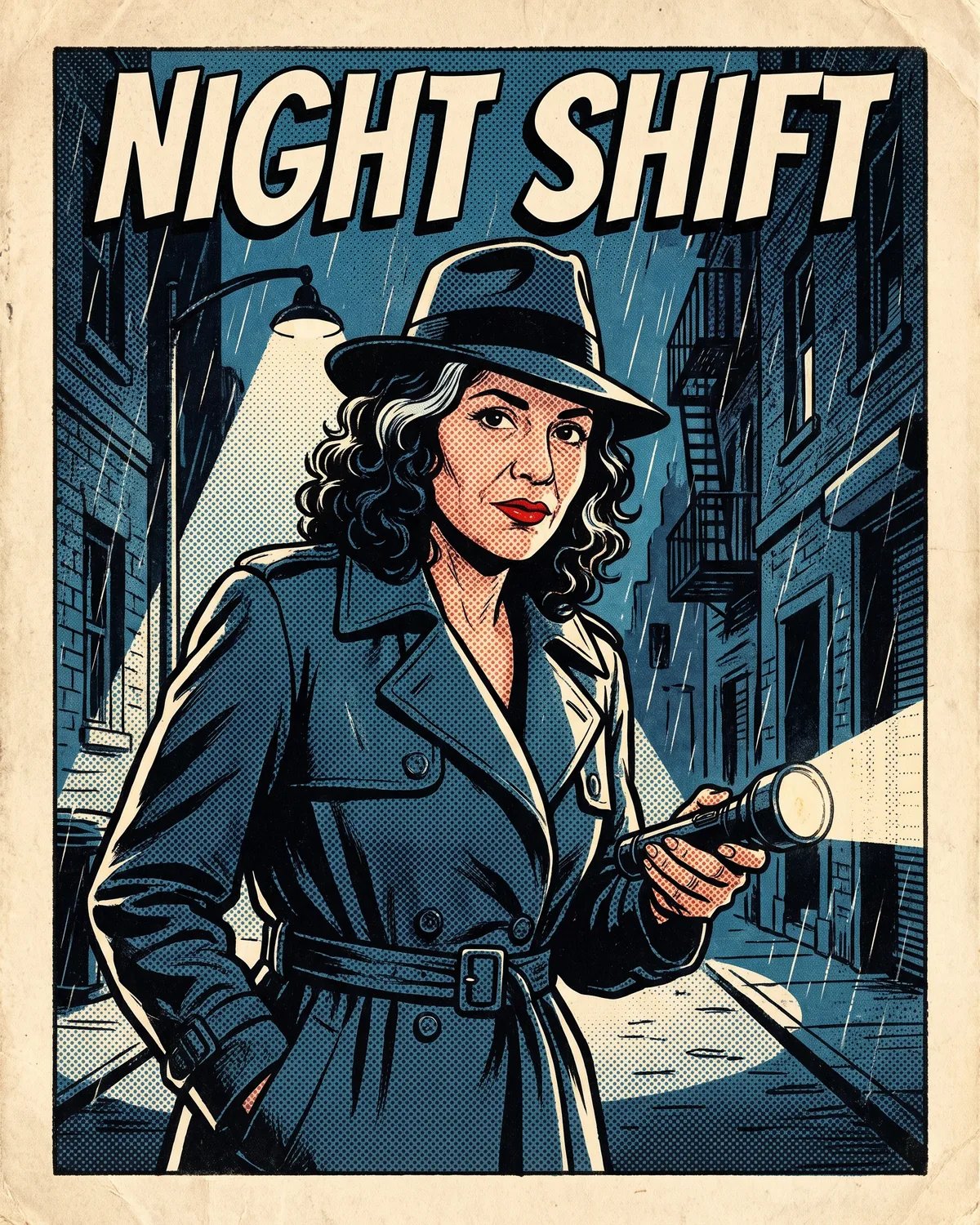 The guest as a private eye in a trench coat and fedora on a noir detective comic cover