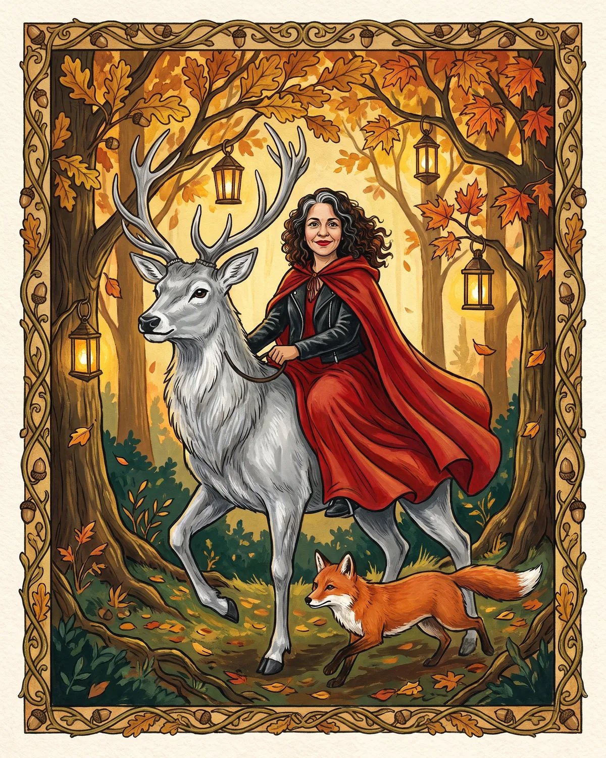 The guest in a red cloak riding a silver stag through an enchanted forest on a storybook page