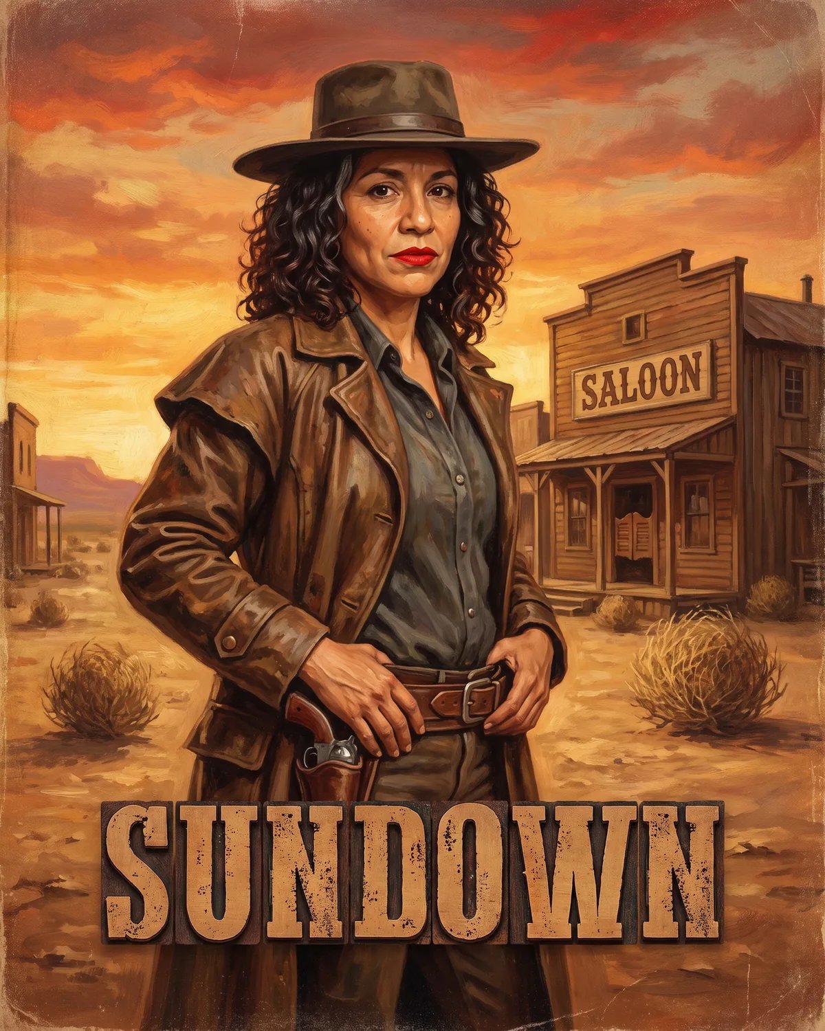 The guest as a gunslinger in a duster on a frontier street at sunset on a western poster