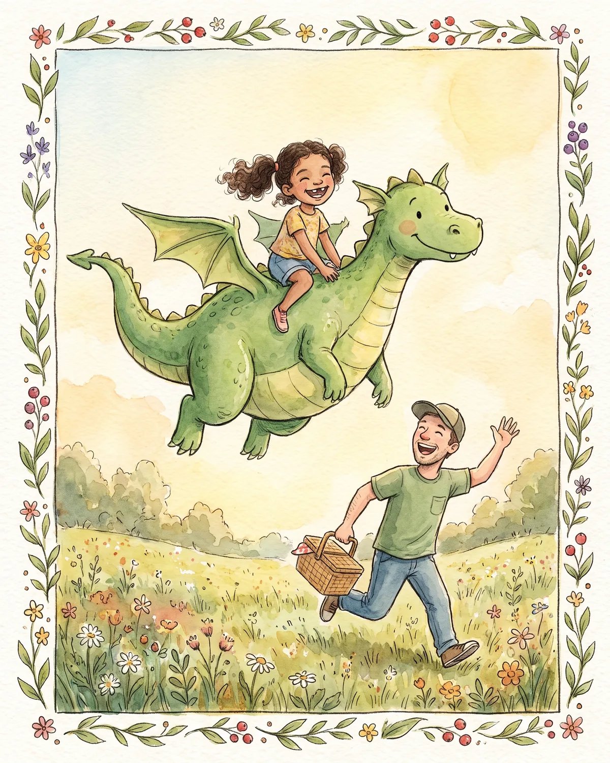 Storybook illustration of the girl riding a friendly dragon while her dad runs below with a picnic basket