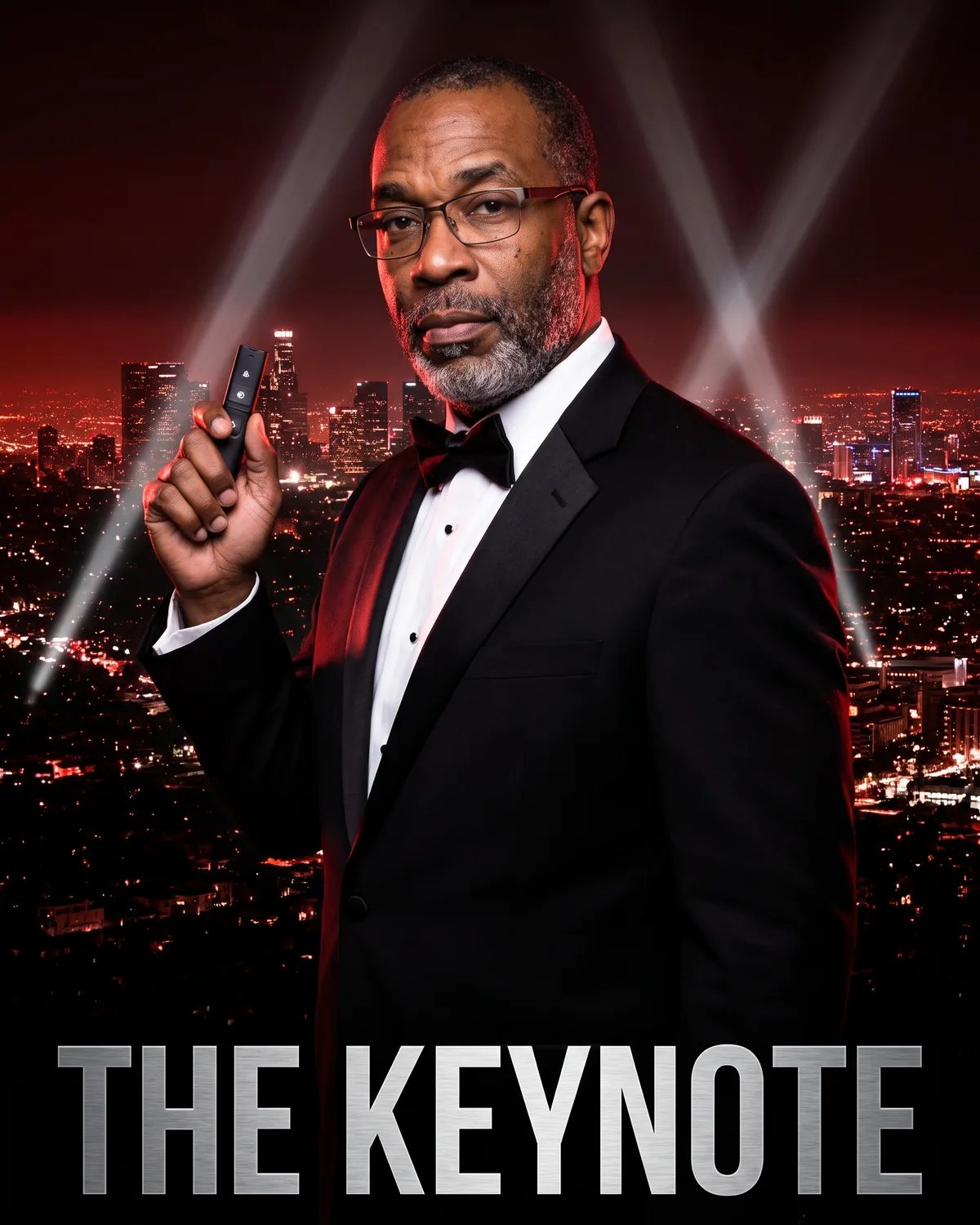 Spy thriller poster of the attendee in a tuxedo with searchlights over a city at night