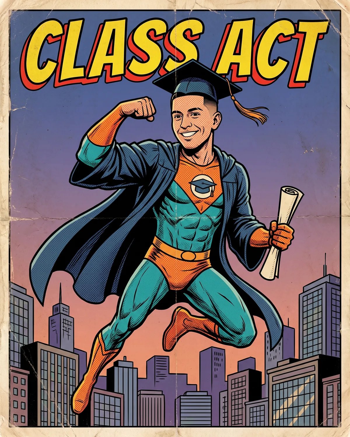 Comic book cover of the graduate as a hero flexing in a graduation gown cape, diploma in hand