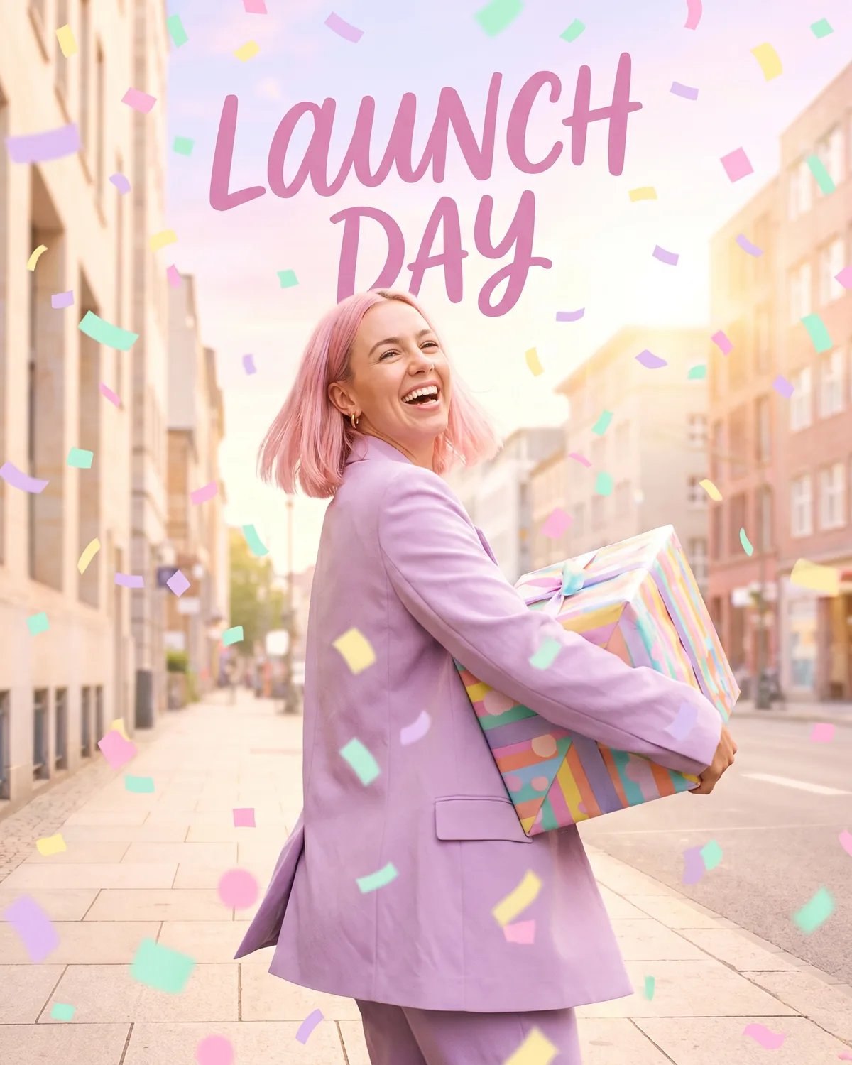 Romantic comedy poster of the guest laughing in a shower of confetti with a giant gift box