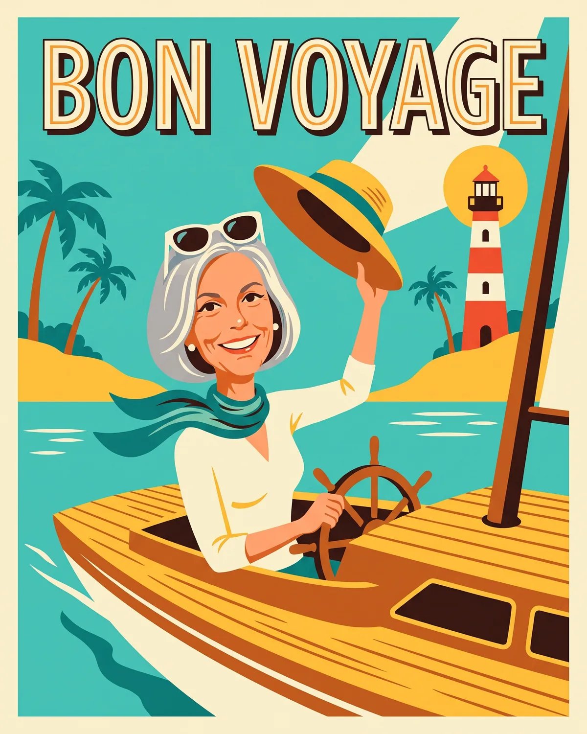 Vintage travel poster of the retiree at the helm of a little sailboat, waving her hat
