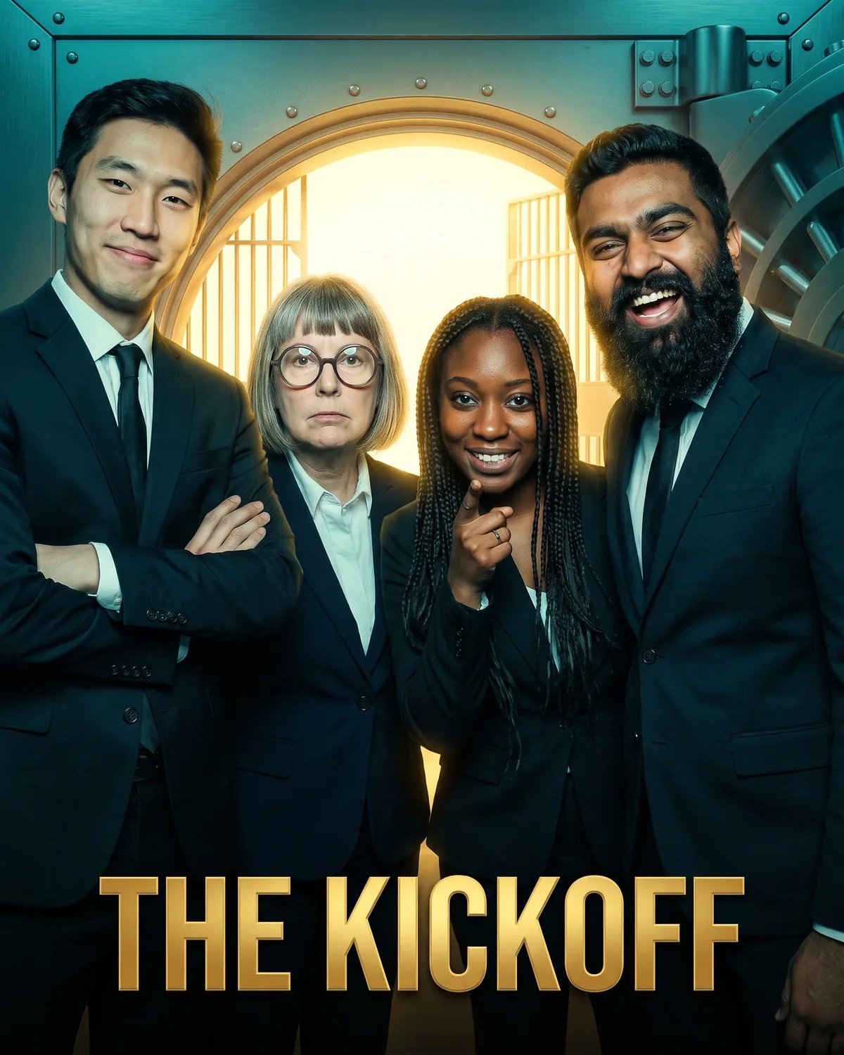 Heist movie poster of the four coworkers in dark suits in front of an open bank vault