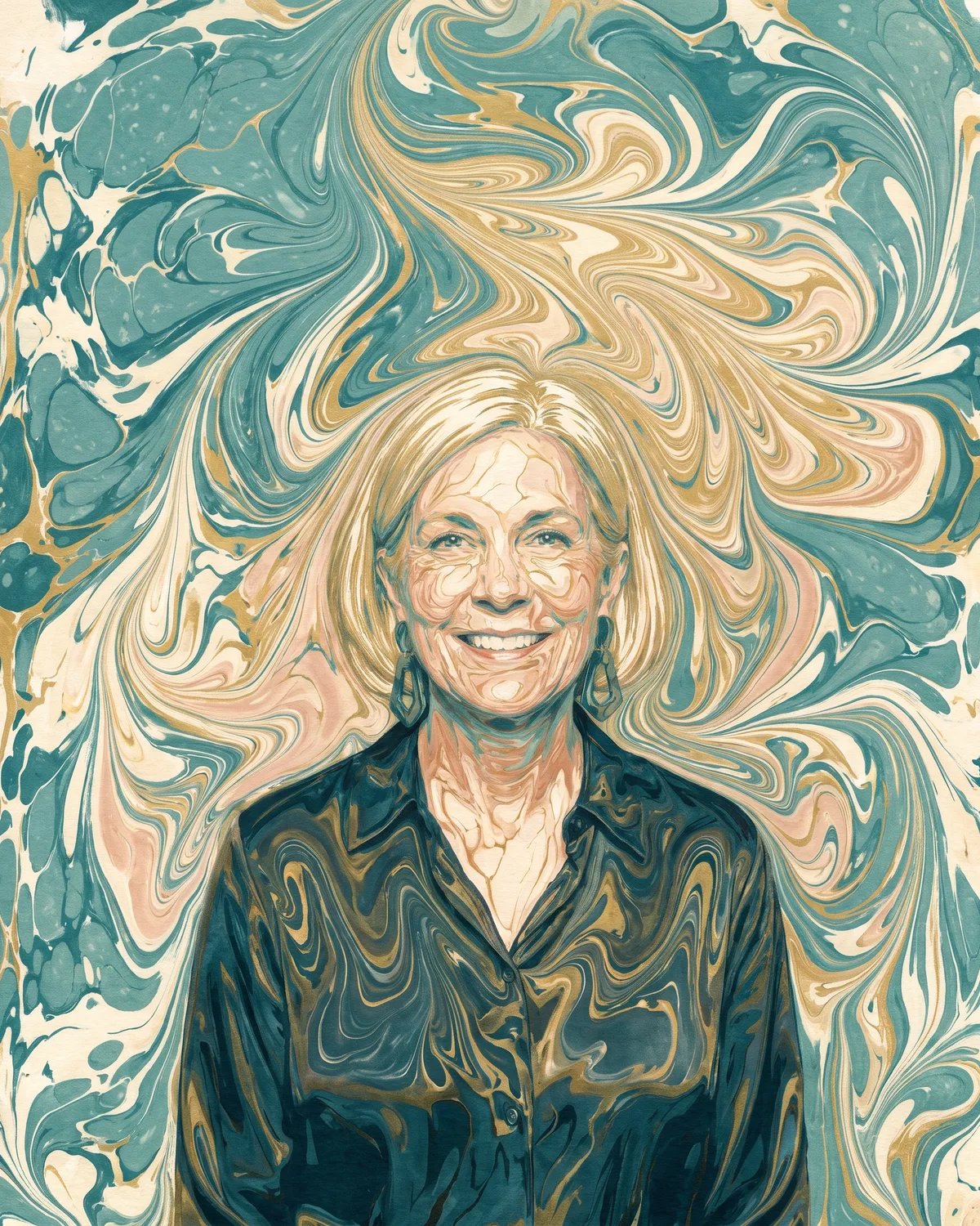 The guest painted in teal and gold marbling, her silver hair flowing into the swirls
