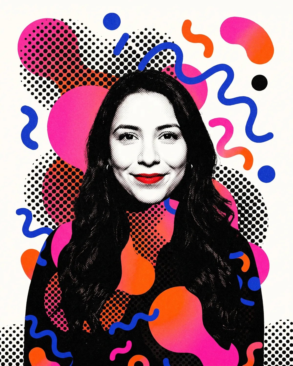 The same guest as a bold graphic portrait in the brand's pink, orange and blue, with halftone dots and squiggles around her