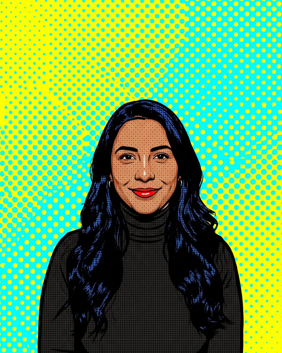 The guest as a pop art print with bold outlines and dots on yellow and cyan