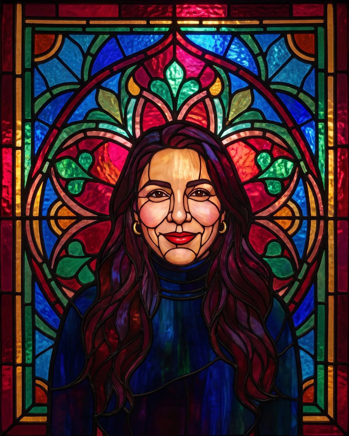 The guest as a stained glass window in ruby, sapphire and emerald glass
