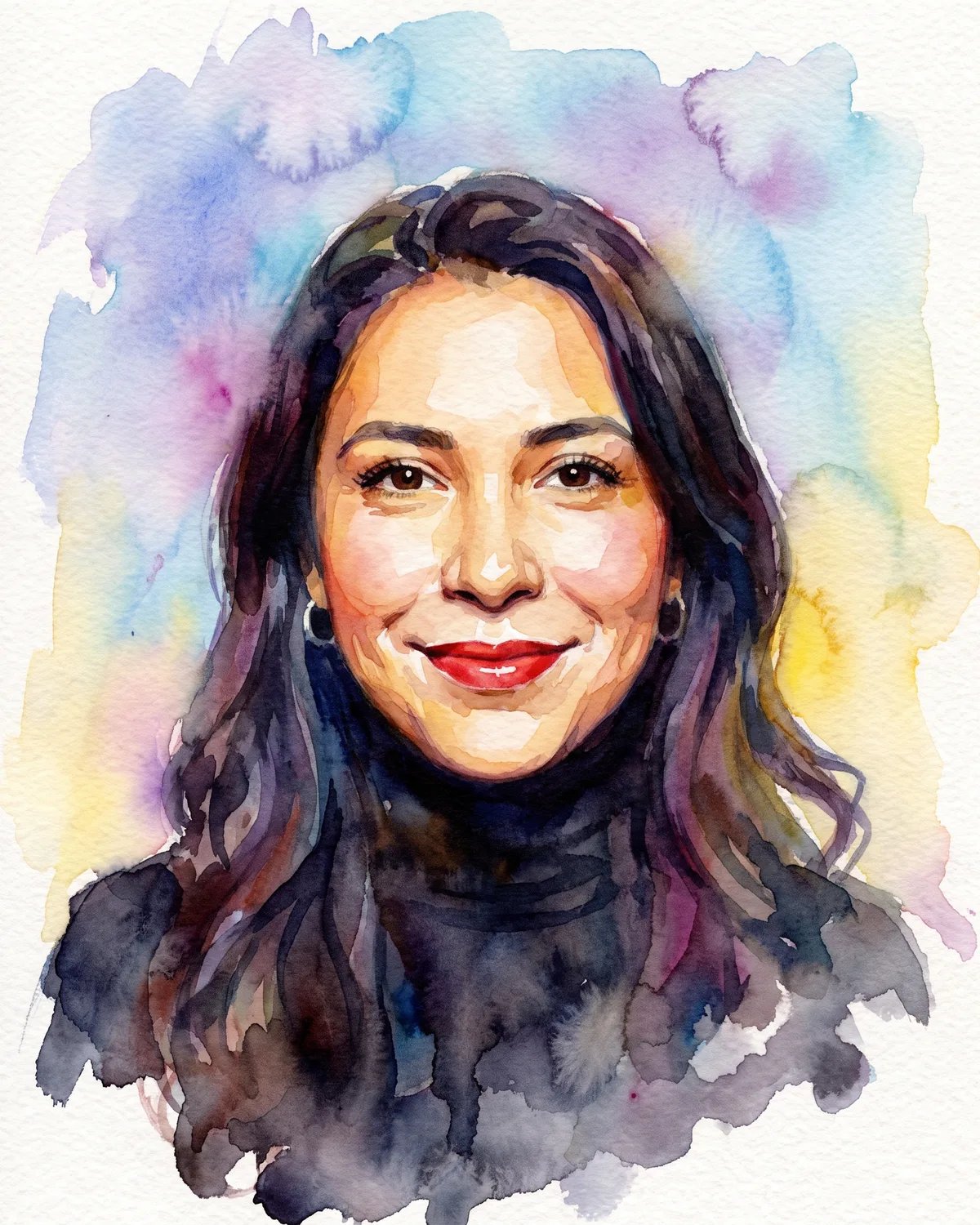 The guest as a loose watercolor in soft washes of blue, violet and gold