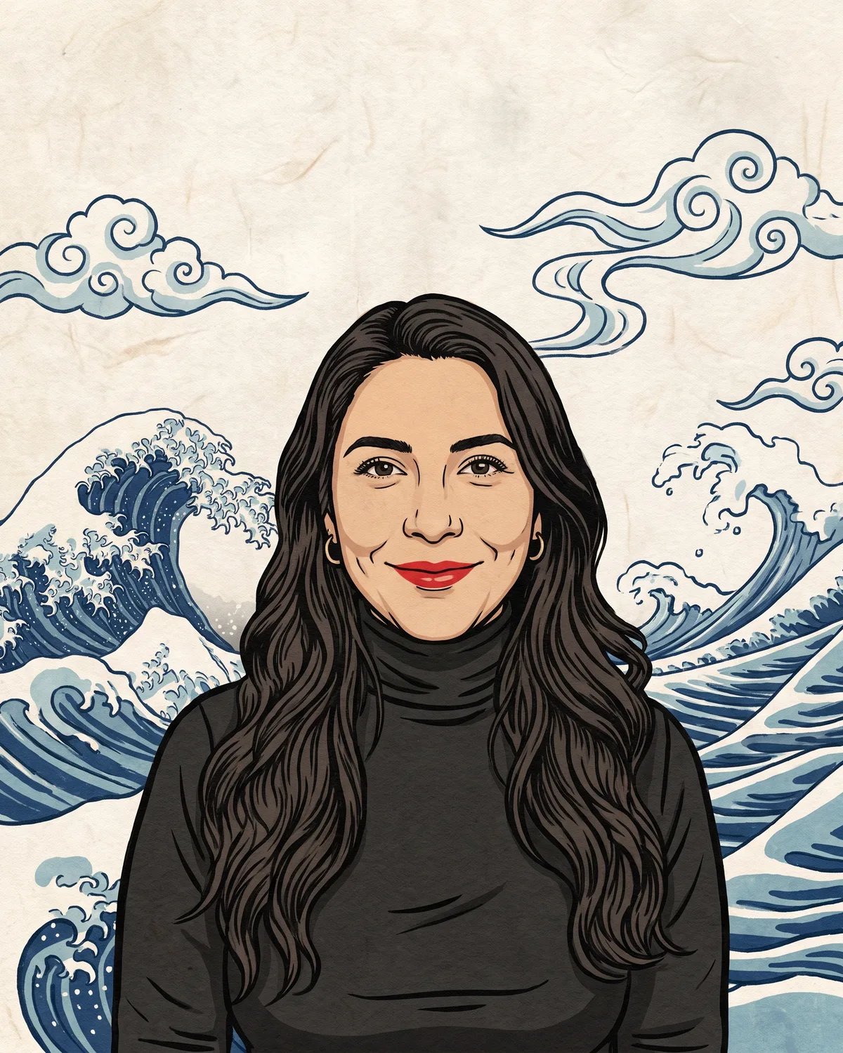 The guest as a Japanese woodblock print with curling waves and clouds behind her