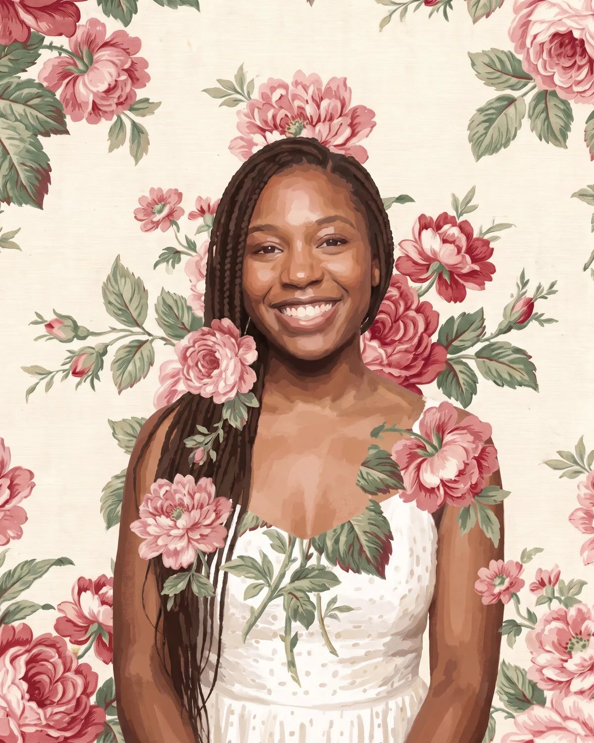 The guest painted as a chintz print, with roses growing over her shoulders and into her braids