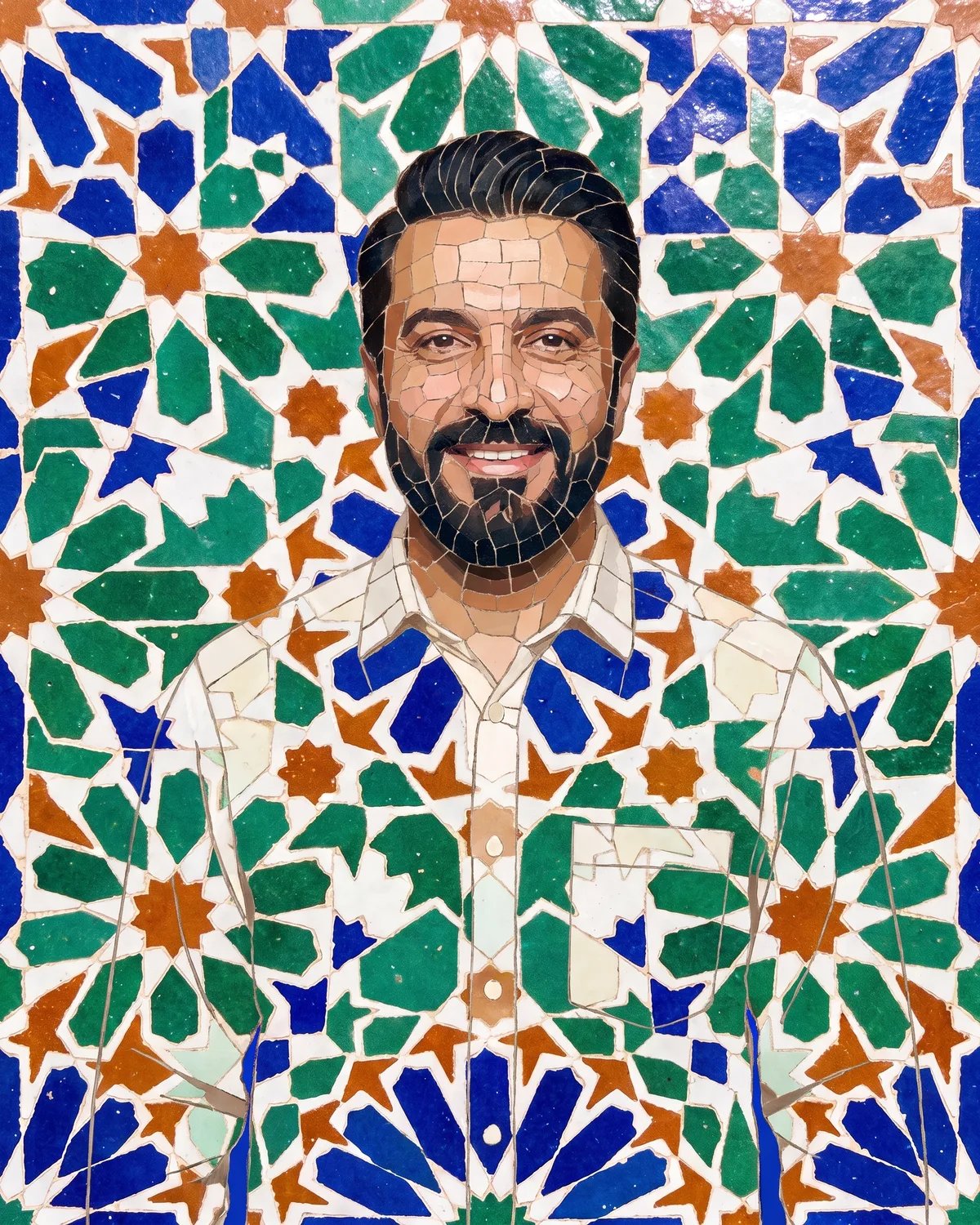 The guest rebuilt as a glazed tile mosaic in the same colors