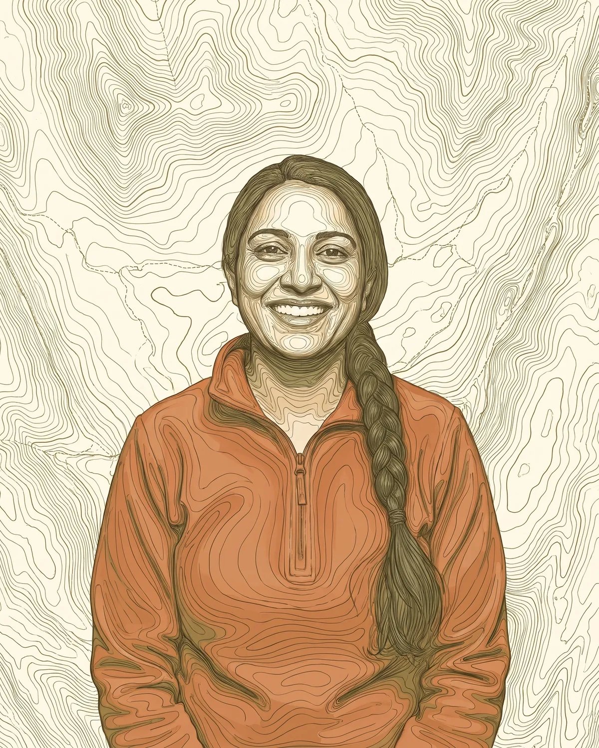 The guest drawn in topographic contour lines with mountains behind her