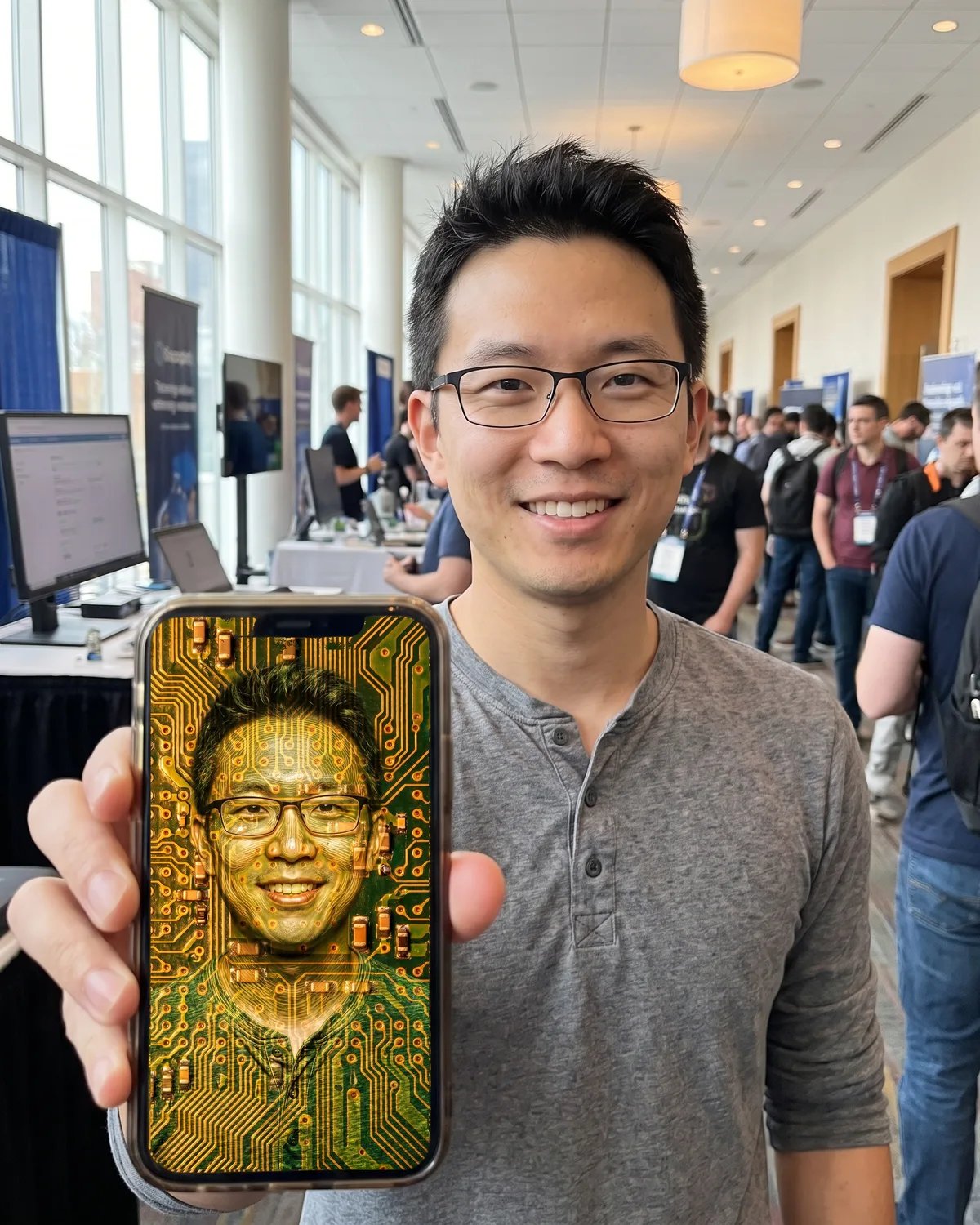 An attendee at a tech conference showing his circuit board portrait on his phone