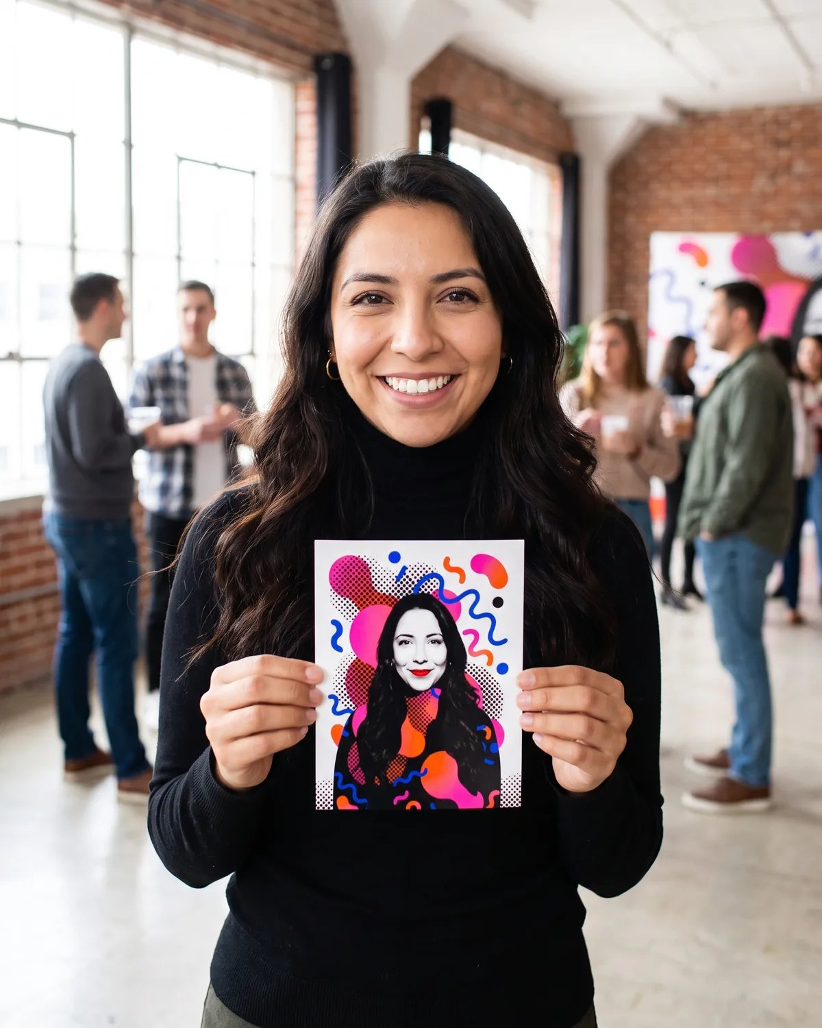 A guest at a brand launch holding up a 4x6 print of her brand style portrait