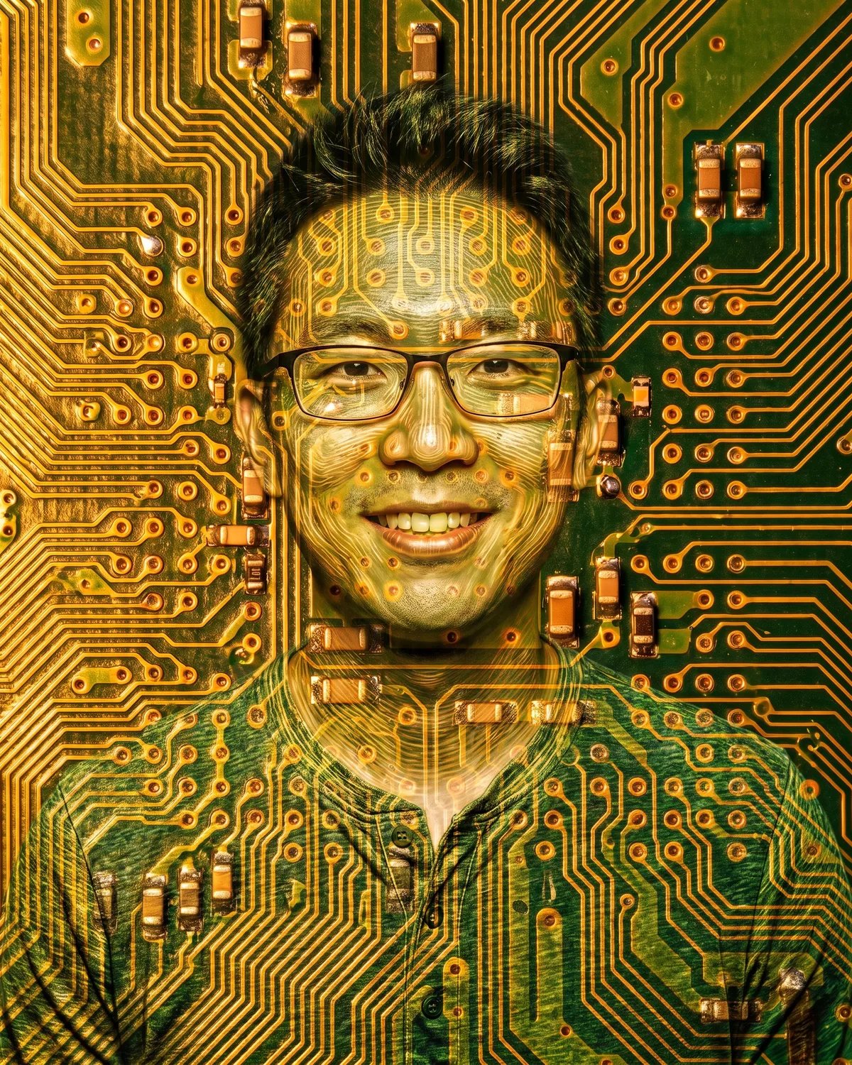The attendee's portrait built from gold circuit traces on a green board, his face and shirt included