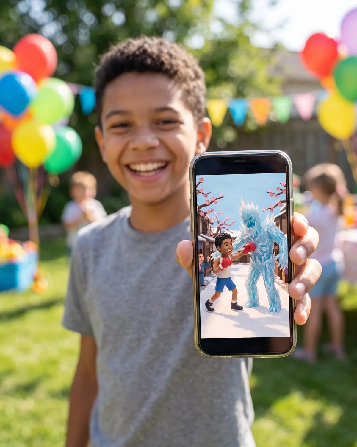 A boy at a backyard birthday party showing his clay boxer photo on a phone