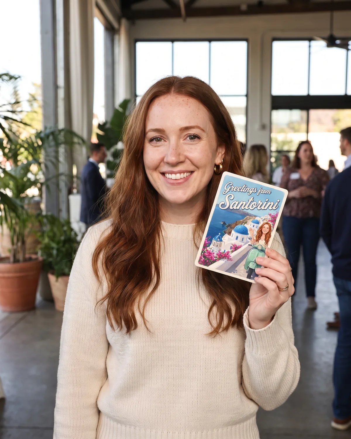 A guest holding up her 4x6 Santorini postcard print at a travel event