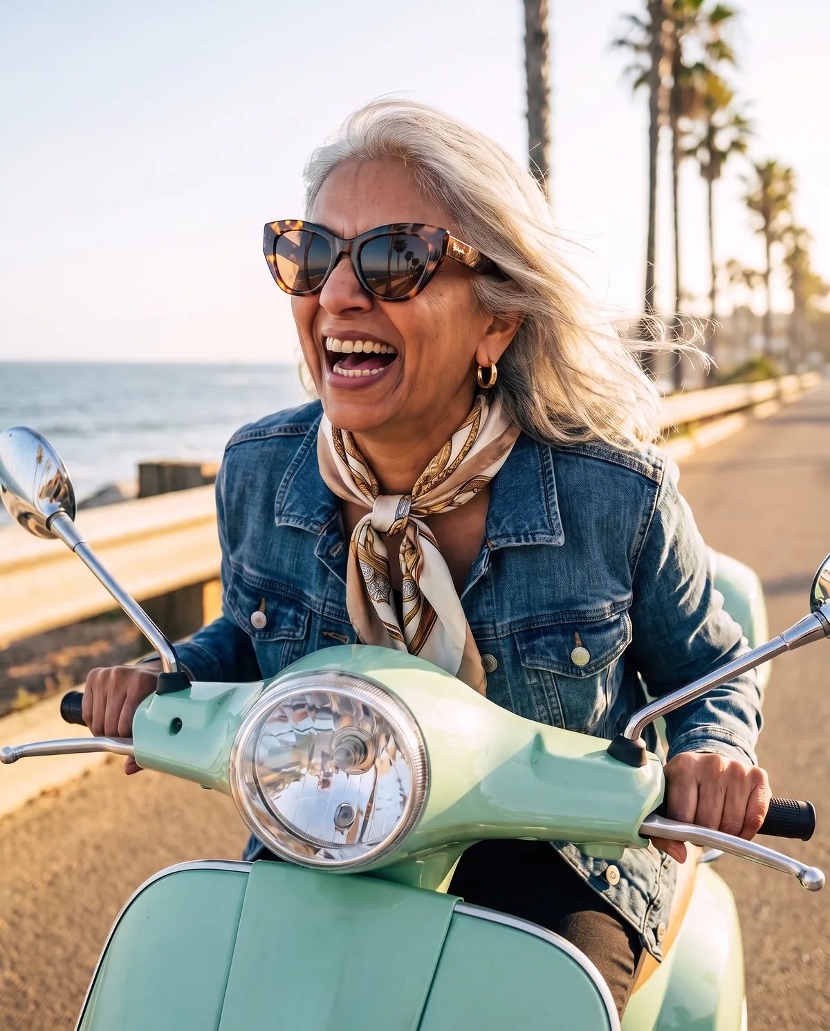 The birthday guest at 80 laughing on a mint green scooter along the coast