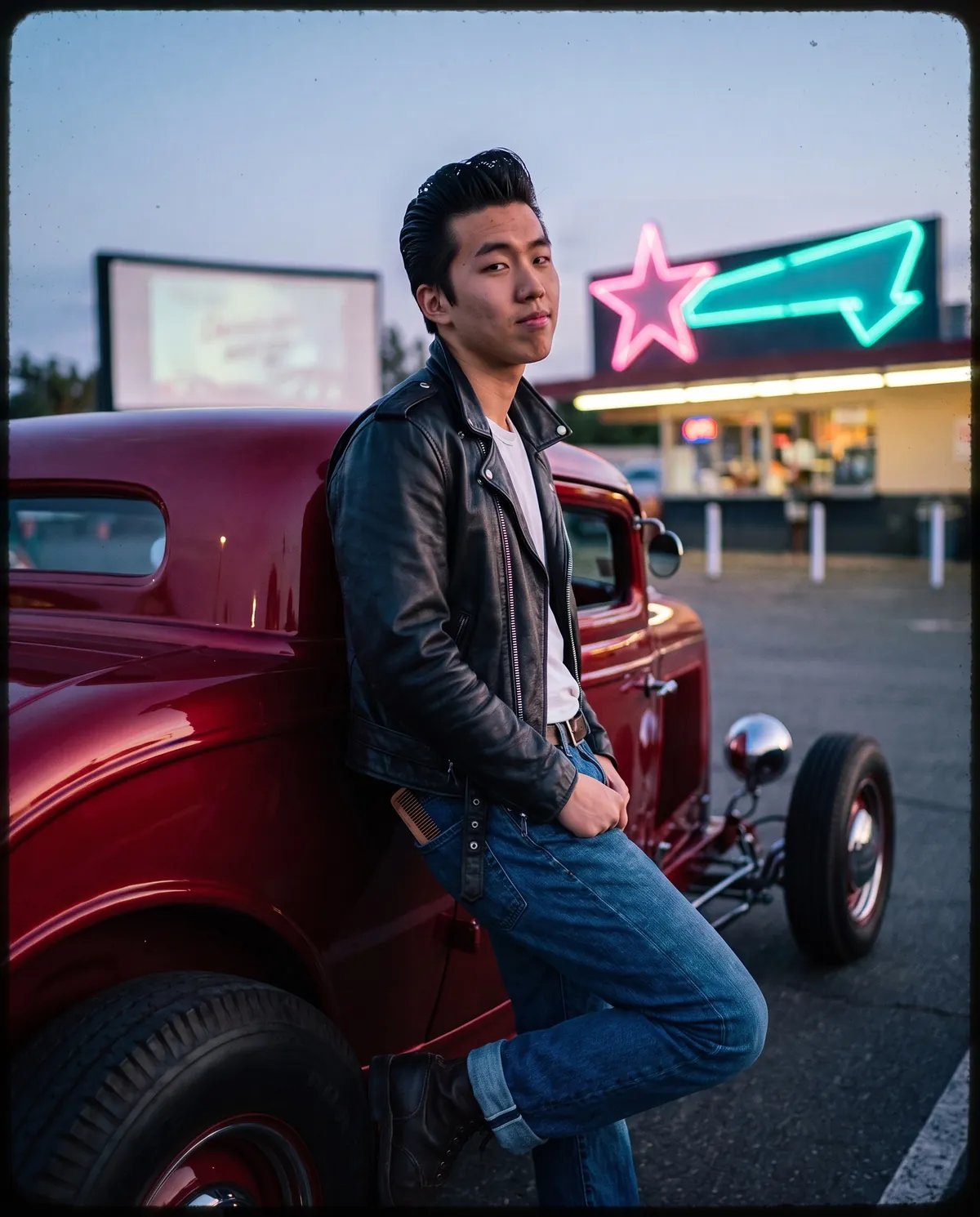 The student as a 1957 greaser leaning on a red hot rod at a drive-in