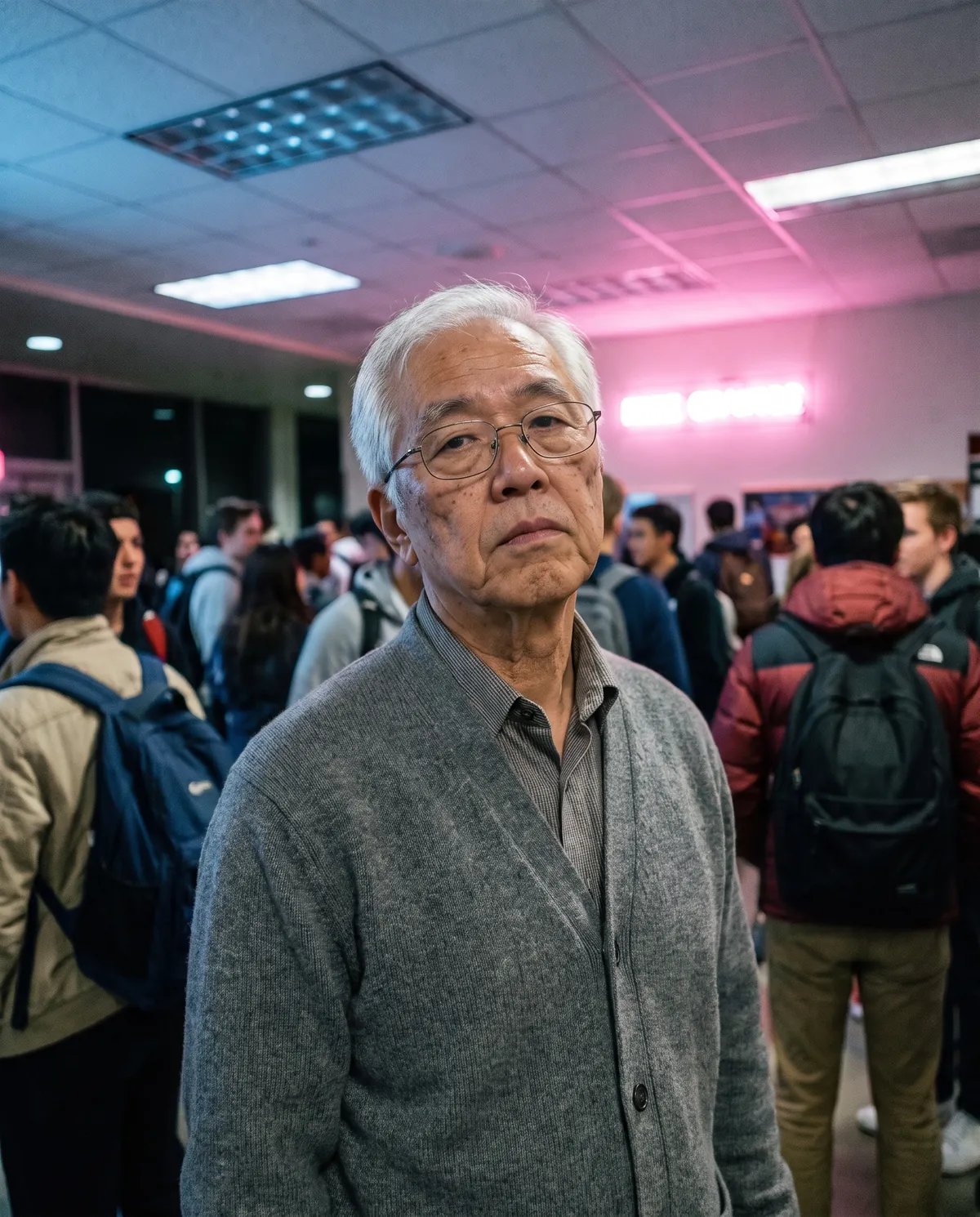 The same student at 72 in the same spot, white hair, wire glasses and the same deadpan look