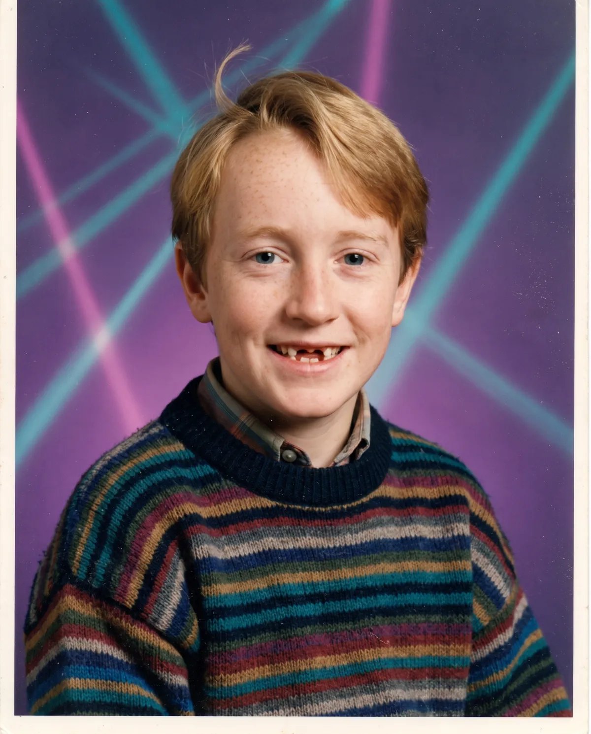 The attendee at 8 in a gap-toothed 1987 school photo with a laser backdrop