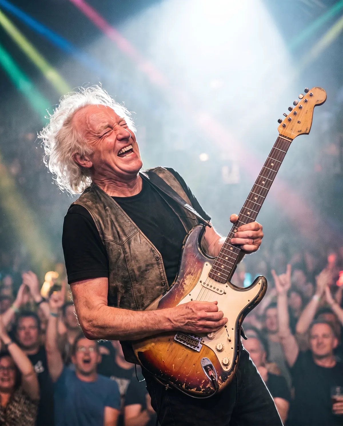 The attendee at 85 mid guitar solo on an arena stage