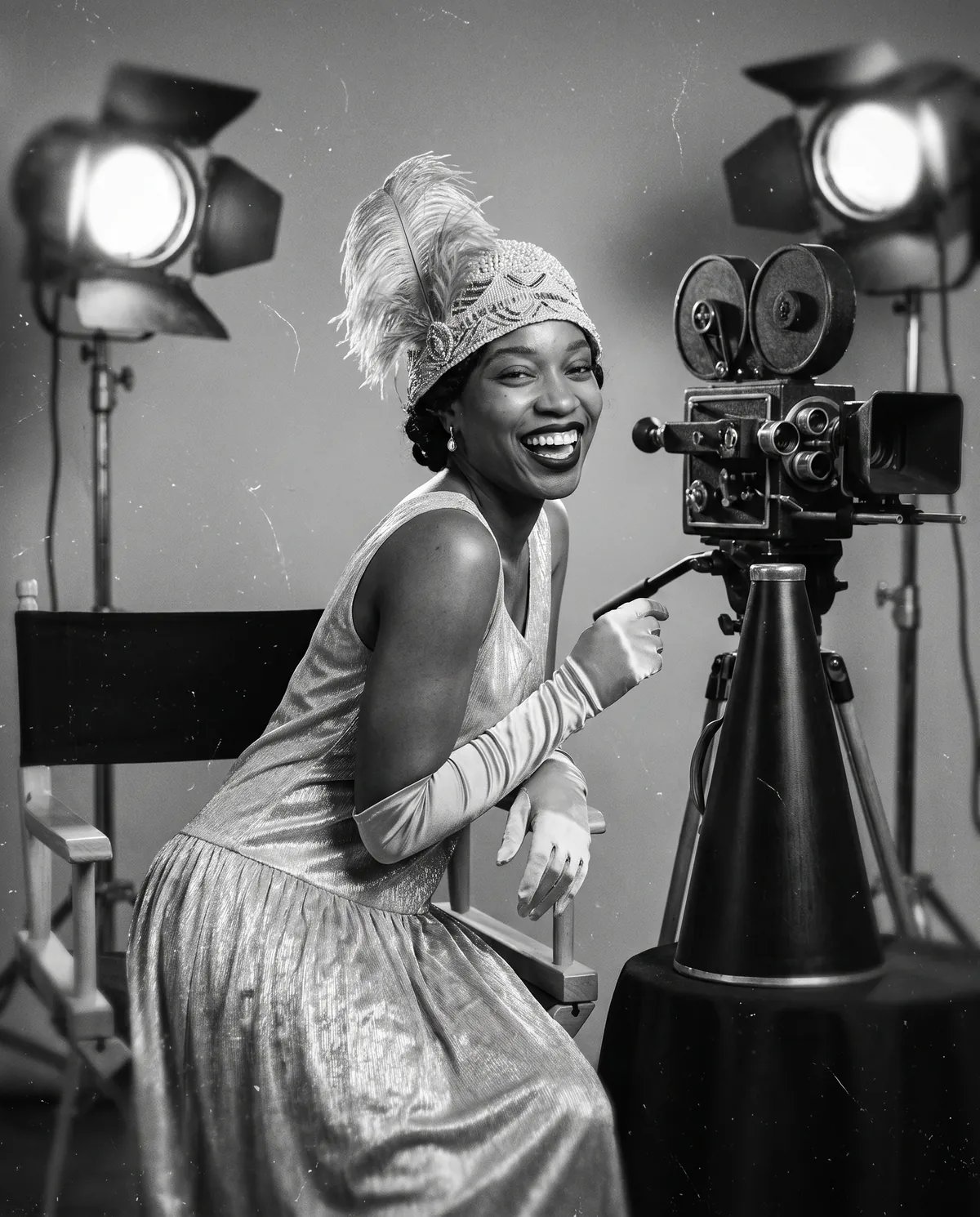 The guest as a 1920s silent film star laughing between takes beside a hand-cranked camera