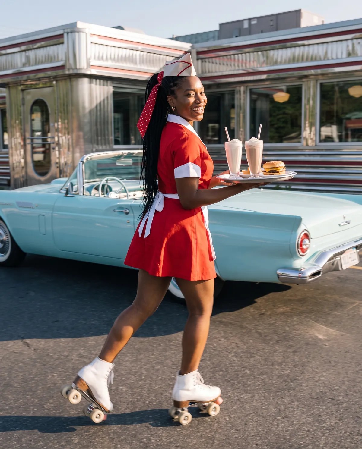 The guest as a 1958 roller skate carhop balancing milkshakes outside a chrome diner