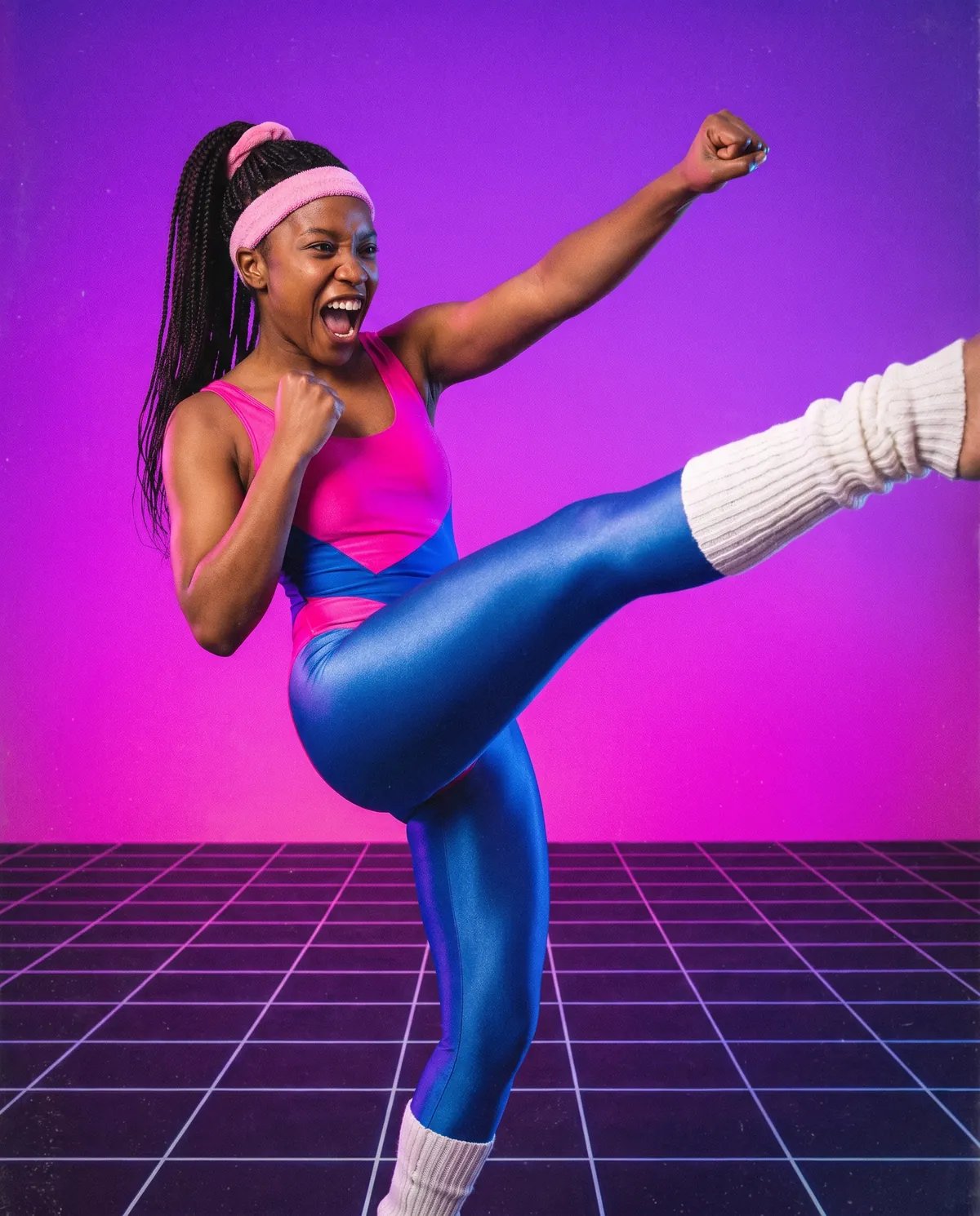 The same guest as the star of a 1984 workout tape, mid high kick in a neon leotard