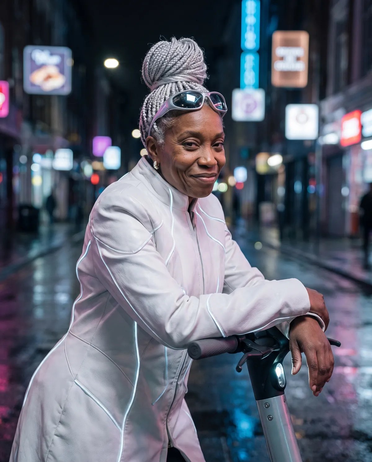 The guest at 85 in the year 2085, leaning on a scooter on a neon-lit rainy street