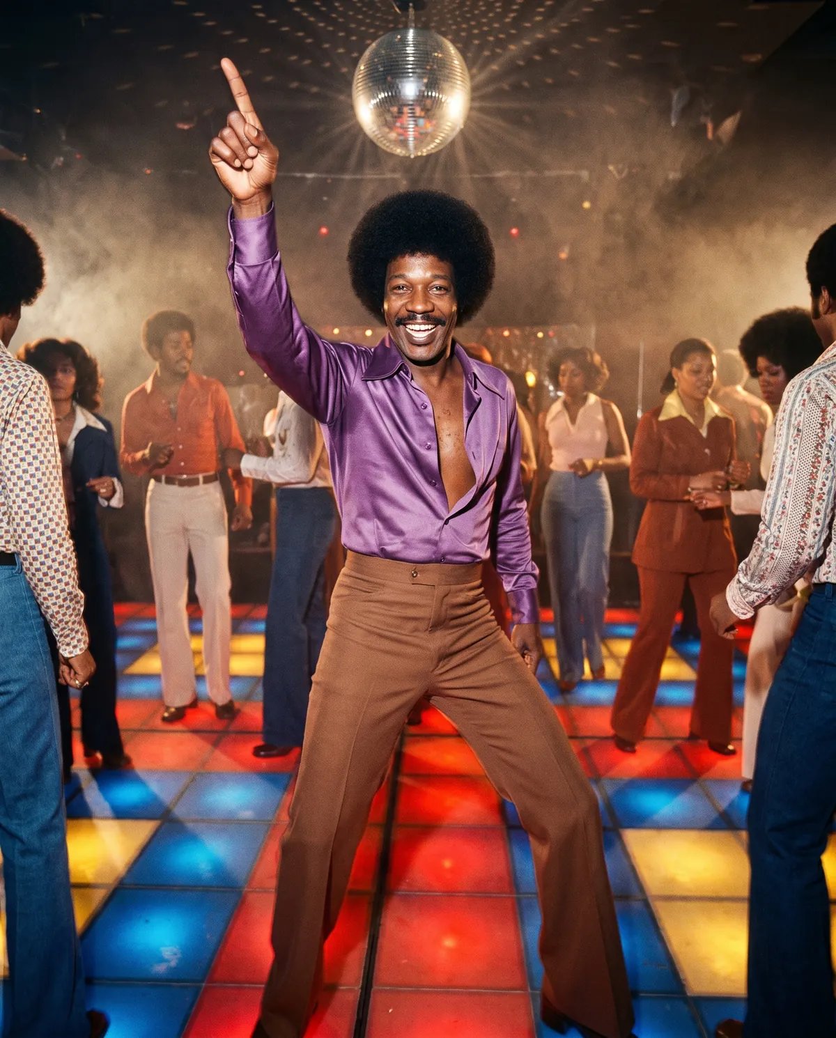 The retiree at 28 pointing at the ceiling on a lit-up 1977 disco floor