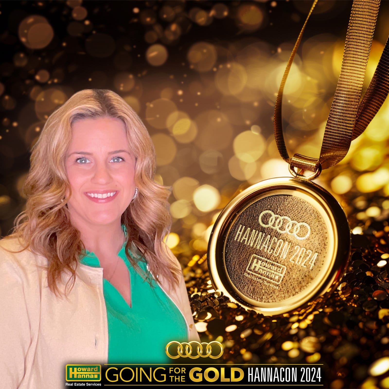 Howard Hanna HannaCon 2024 Going for the Gold branded photo with a gold medal backdrop