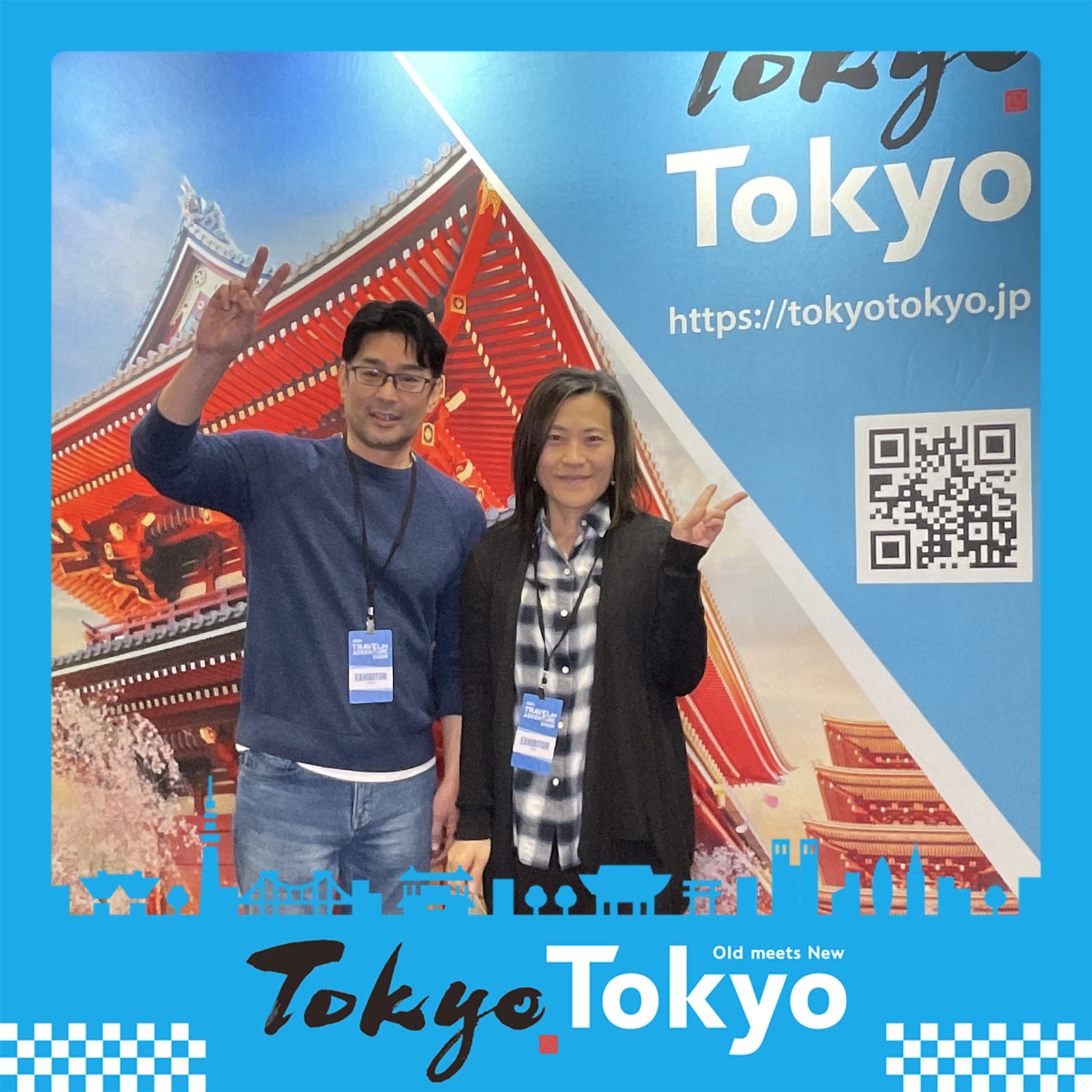 Exhibitors posing in a Tokyo Tokyo Old meets New branded photo at a travel trade show