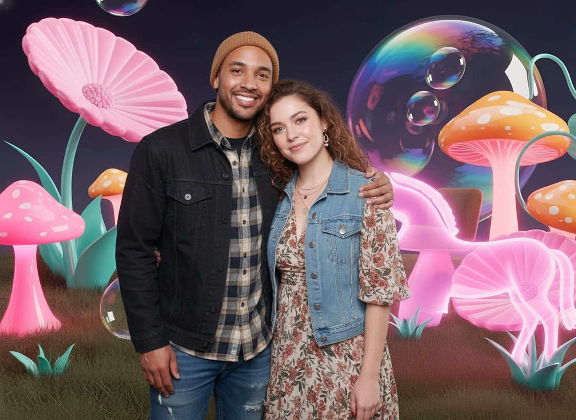 A couple photographed inside an AI generated mushroom forest background