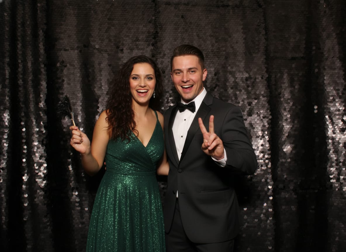 A couple in formalwear in front of a black sequin photo booth backdrop