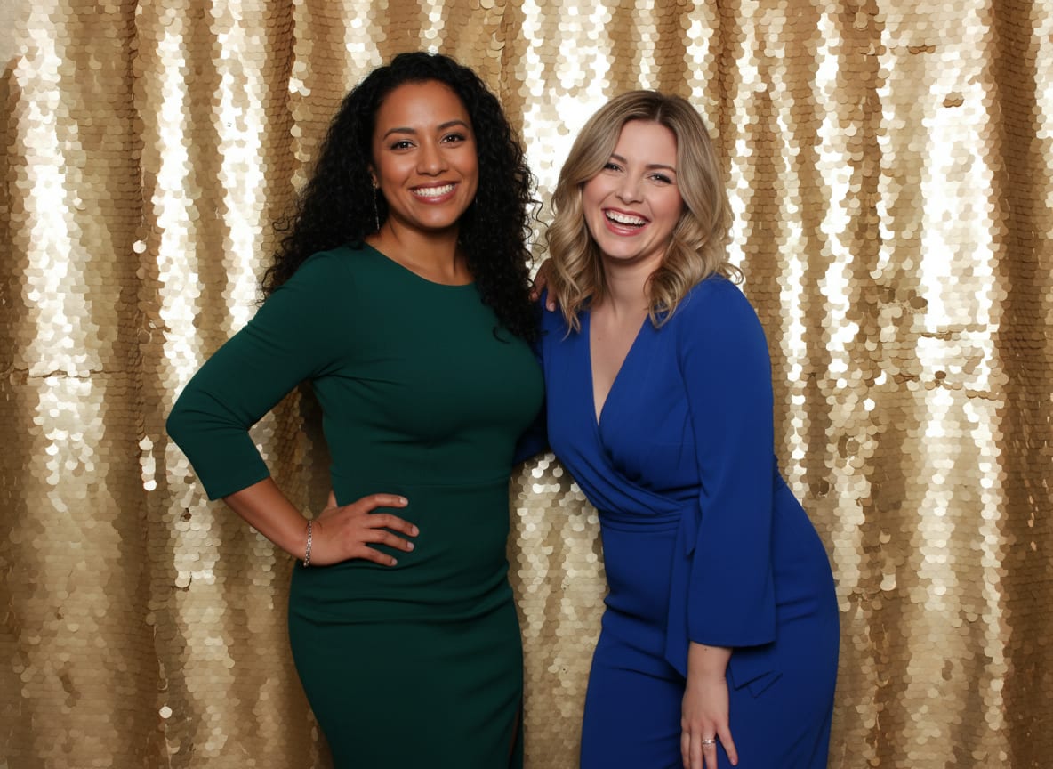 Two guests in evening dresses in front of a honey gold sequin backdrop