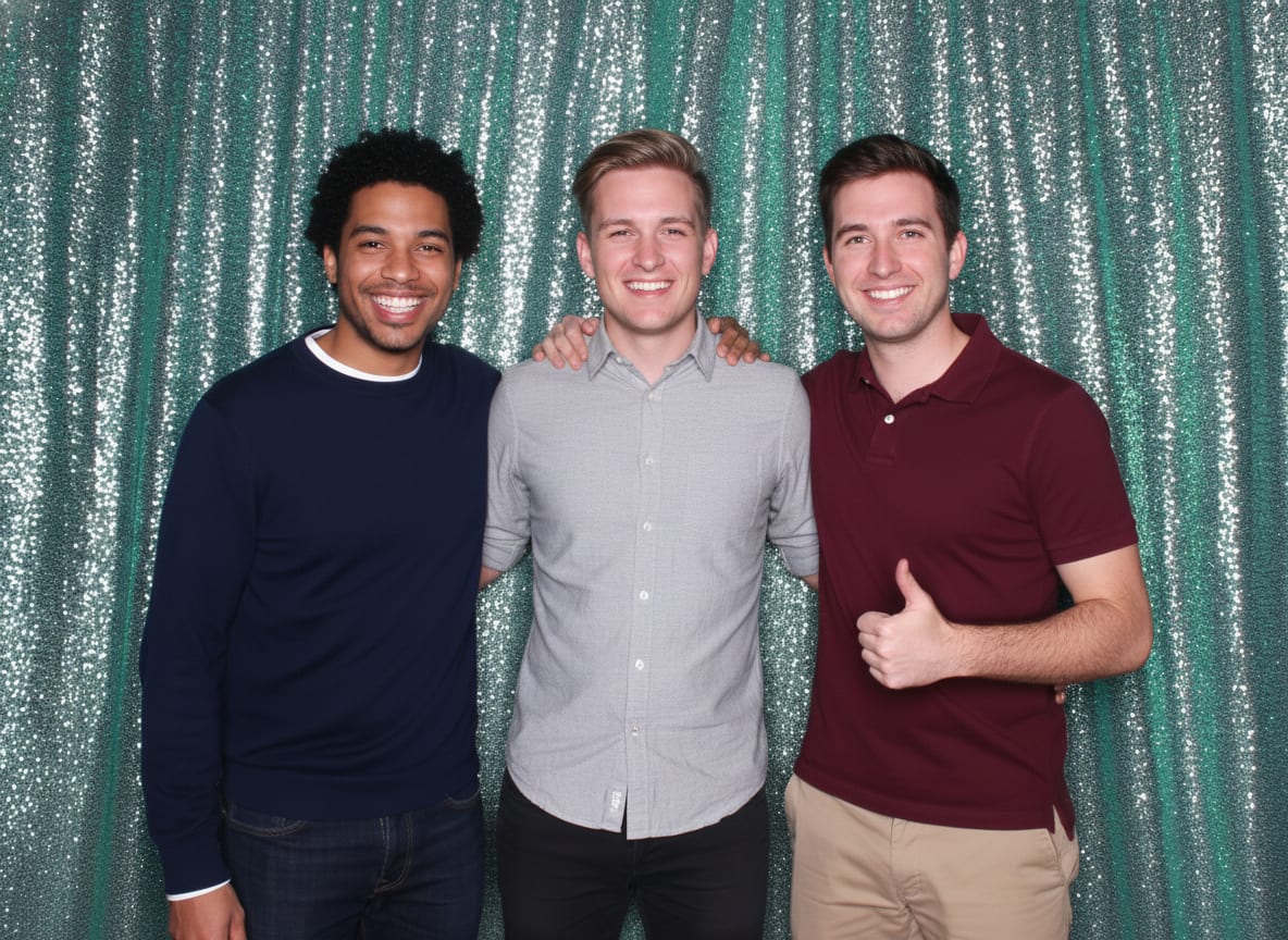 Three guests posing in front of a mint green sequin photo booth backdrop